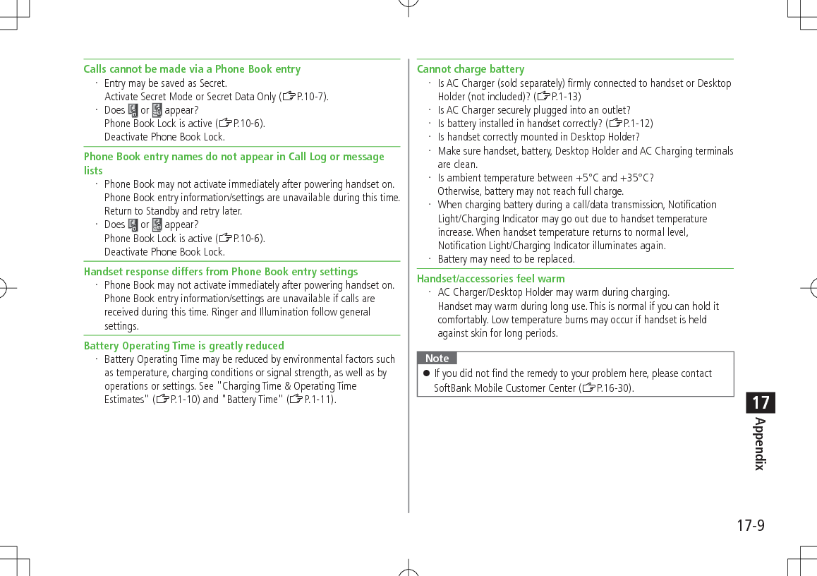 17-9Appendix17Calls cannot be made via a Phone Book entry Entry may be saved as Secret. Activate Secret Mode or Secret Data Only (ZP.10-7). Does or appear?Phone Book Lock is active (ZP.10-6). Deactivate Phone Book Lock.Phone Book entry names do not appear in Call Log or message lists Phone Book may not activate immediately after powering handset on. Phone Book entry information/settings are unavailable during this time. Return to Standby and retry later. Does or appear?Phone Book Lock is active (ZP.10-6). Deactivate Phone Book Lock.Handset response differs from Phone Book entry settings Phone Book may not activate immediately after powering handset on. Phone Book entry information/settings are unavailable if calls are received during this time. Ringer and Illumination follow general settings.Battery Operating Time is greatly reduced Battery Operating Time may be reduced by environmental factors such as temperature, charging conditions or signal strength, as well as by operations or settings. See "Charging Time & Operating Time Estimates" (ZP.1-10) and "Battery Time" (ZP.1-11).Cannot charge battery Is AC Charger (sold separately) firmly connected to handset or Desktop Holder (not included)? (ZP.1-13) Is AC Charger securely plugged into an outlet? Is battery installed in handset correctly? (ZP.1-12) Is handset correctly mounted in Desktop Holder? Make sure handset, battery, Desktop Holder and AC Charging terminals are clean. Is ambient temperature between +5°C and +35°C? Otherwise, battery may not reach full charge. When charging battery during a call/data transmission, Notification Light/Charging Indicator may go out due to handset temperature increase. When handset temperature returns to normal level, Notification Light/Charging Indicator illuminates again. Battery may need to be replaced.Handset/accessories feel warm AC Charger/Desktop Holder may warm during charging. Handset may warm during long use. This is normal if you can hold it comfortably. Low temperature burns may occur if handset is held against skin for long periods.Note If you did not find the remedy to your problem here, please contact SoftBank Mobile Customer Center (ZP.16-30).