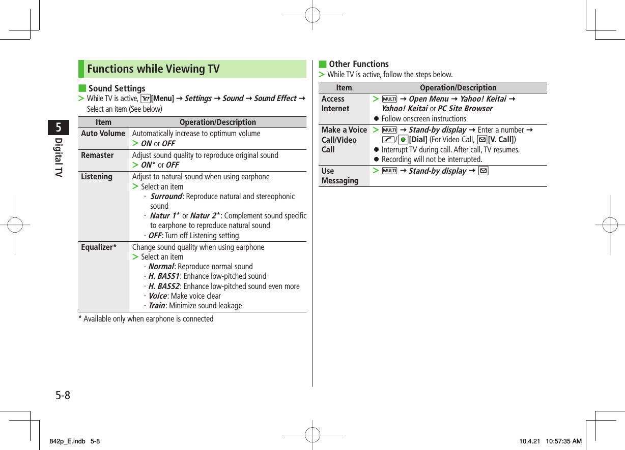 5-85Digital TVFunctions while Viewing TVSound SettingsWhile TV is active, R[Menu] Y Settings Y Sound Y Sound Effect Y  Select an item (See below)Item Operation/DescriptionAuto Volume Automatically increase to optimum volumeON or OFF&gt;Remaster Adjust sound quality to reproduce original soundON* or OFF&gt;Listening Adjust to natural sound when using earphoneSelect an item・ Surround: Reproduce natural and stereophonic sound・ Natur 1* or Natur 2*: Complement sound specific to earphone to reproduce natural sound・OFF: Turn off Listening setting &gt;Equalizer* Change sound quality when using earphoneSelect an item・Normal: Reproduce normal sound・H. BASS1: Enhance low-pitched sound・H. BASS2: Enhance low-pitched sound even more・Voice: Make voice clear・Train: Minimize sound leakage&gt;* Available only when earphone is connected■&gt;Other FunctionsWhile TV is active, follow the steps below.Item Operation/DescriptionAccess InternetM Y Open Menu Y Yahoo! Keitai Y  Yahoo! Keitai or PC Site BrowserFollow onscreen instructions&gt;󱛠Make a Voice Call/Video CallM Y Stand-by display Y Enter a number Y J/HI[Dial] (For Video Call, Q[V. Call]) Interrupt TV during call. After call, TV resumes.Recording will not be interrupted.&gt;󱛠󱛠Use MessagingM Y Stand-by display Y Q&gt;■&gt;842p_E.indb   5-8842p_E.indb   5-8 10.4.21   10:57:35 AM10.4.21   10:57:35 AM