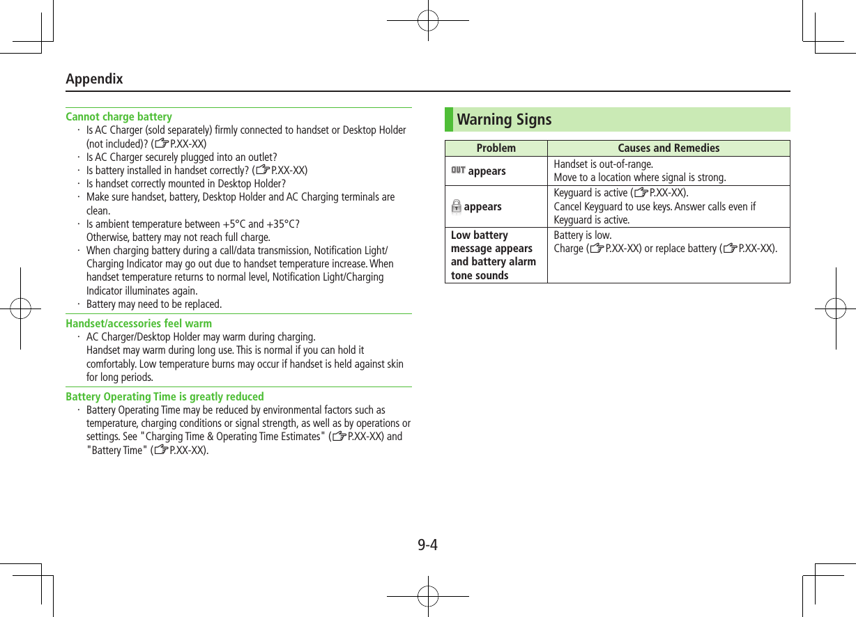 Appendix9-4Cannot charge battery・ Is AC Charger (sold separately) firmly connected to handset or Desktop Holder (not included)? (ZP.XX-XX)・ Is AC Charger securely plugged into an outlet?・ Is battery installed in handset correctly? (ZP.XX-XX)・ Is handset correctly mounted in Desktop Holder?・ Make sure handset, battery, Desktop Holder and AC Charging terminals are clean.・ Is ambient temperature between +5°C and +35°C? Otherwise, battery may not reach full charge.・ When charging battery during a call/data transmission, Notification Light/Charging Indicator may go out due to handset temperature increase. When handset temperature returns to normal level, Notification Light/Charging Indicator illuminates again.・ Battery may need to be replaced.Handset/accessories feel warm・ AC Charger/Desktop Holder may warm during charging. Handset may warm during long use. This is normal if you can hold it comfortably. Low temperature burns may occur if handset is held against skin for long periods.Battery Operating Time is greatly reduced・ Battery Operating Time may be reduced by environmental factors such as temperature, charging conditions or signal strength, as well as by operations or settings. See &quot;Charging Time &amp; Operating Time Estimates&quot; (ZP.XX-XX) and &quot;Battery Time&quot; (ZP.XX-XX).Warning SignsProblem Causes and Remedies appears Handset is out-of-range.Move to a location where signal is strong. appearsKeyguard is active (ZP.XX-XX).Cancel Keyguard to use keys. Answer calls even if Keyguard is active.Low battery message appears and battery alarm tone soundsBattery is low.Charge (ZP.XX-XX) or replace battery (ZP.XX-XX).