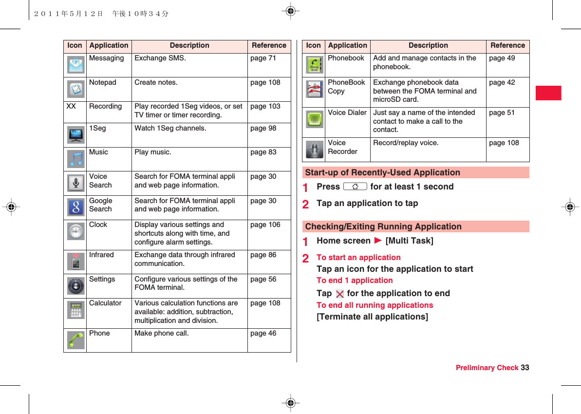Preliminary Check 33Messaging Exchange SMS. page 71Notepad Create notes. page 108XX Recording Play recorded 1Seg videos, or set TV timer or timer recording.page 1031Seg Watch 1Seg channels. page 98Music Play music. page 83Voice SearchSearch for FOMA terminal appli and web page information.page 30Google SearchSearch for FOMA terminal appli and web page information.page 30Clock Display various settings and shortcuts along with time, and configure alarm settings.page 106Infrared Exchange data through infrared communication.page 86Settings Configure various settings of the FOMA terminal.page 56Calculator Various calculation functions are available: addition, subtraction, multiplication and division.page 108Phone Make phone call. page 46Icon Application Description Reference1Press xB for at least 1 second2Tap an application to tap1Home screen W [Multi Task]2To start an applicationTap an icon for the application to startTo end 1 applicationTap   for the application to endTo end all running applications[Terminate all applications]Phonebook Add and manage contacts in the phonebook.page 49PhoneBookCopyExchange phonebook data between the FOMA terminal and microSD card.page 42Voice Dialer Just say a name of the intended contact to make a call to the contact.page 51Voice RecorderRecord/replay voice. page 108Start-up of Recently-Used ApplicationIcon Application Description ReferenceChecking/Exiting Running Application２０１１年５月１２日 午後１０時３４分