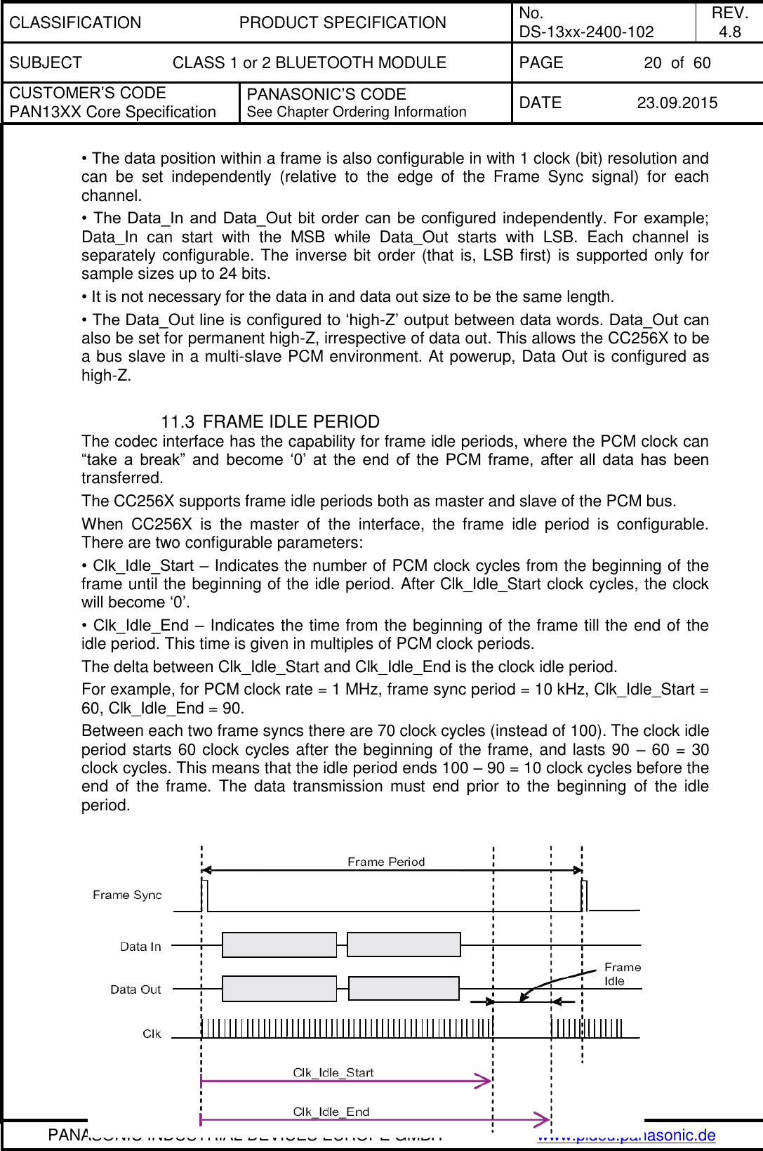 CLASSIFICATION PRODUCT SPECIFICATION No. DS-13xx-2400-102 REV. 4.8 SUBJECT CLASS 1 or 2 BLUETOOTH MODULE PAGE 20  of  60 CUSTOMER&rsquo;S CODE PAN13XX Core Specification PANASONIC&rsquo;S CODE See Chapter Ordering Information DATE 23.09.2015   PANASONIC INDUSTRIAL DEVICES EUROPE GMBH www.pideu.panasonic.de  &bull; The data position within a frame is also configurable in with 1 clock (bit) resolution and can  be  set  independently  (relative  to  the  edge  of  the  Frame  Sync  signal)  for  each channel. &bull; The Data_In and Data_Out bit  order can  be configured independently.  For  example; Data_In  can  start  with  the  MSB  while  Data_Out  starts  with  LSB.  Each  channel  is separately configurable. The inverse bit order (that is, LSB first) is supported only for sample sizes up to 24 bits. &bull; It is not necessary for the data in and data out size to be the same length. &bull; The Data_Out line is configured to &lsquo;high-Z&rsquo; output between data words. Data_Out can also be set for permanent high-Z, irrespective of data out. This allows the CC256X to be a bus slave in a multi-slave PCM environment. At powerup, Data Out is configured as high-Z.  11.3  FRAME IDLE PERIOD The codec interface has the capability for frame idle periods, where the PCM clock can &ldquo;take  a  break&rdquo;  and become  &lsquo;0&rsquo;  at  the  end  of  the  PCM  frame,  after  all  data  has  been transferred. The CC256X supports frame idle periods both as master and slave of the PCM bus. When  CC256X  is  the  master  of  the  interface,  the  frame  idle  period  is  configurable. There are two configurable parameters: &bull; Clk_Idle_Start &ndash; Indicates the number of PCM clock cycles from the beginning of the frame until the beginning of the idle period. After Clk_Idle_Start clock cycles, the clock will become &lsquo;0&rsquo;. &bull; Clk_Idle_End &ndash; Indicates the time from the beginning of the frame till the end of the idle period. This time is given in multiples of PCM clock periods. The delta between Clk_Idle_Start and Clk_Idle_End is the clock idle period. For example, for PCM clock rate = 1 MHz, frame sync period = 10 kHz, Clk_Idle_Start = 60, Clk_Idle_End = 90. Between each two frame syncs there are 70 clock cycles (instead of 100). The clock idle period starts 60 clock cycles after the beginning of the frame, and lasts 90 &ndash; 60 = 30 clock cycles. This means that the idle period ends 100 &ndash; 90 = 10 clock cycles before the end  of  the  frame.  The  data  transmission  must  end  prior  to  the  beginning  of  the  idle period.          