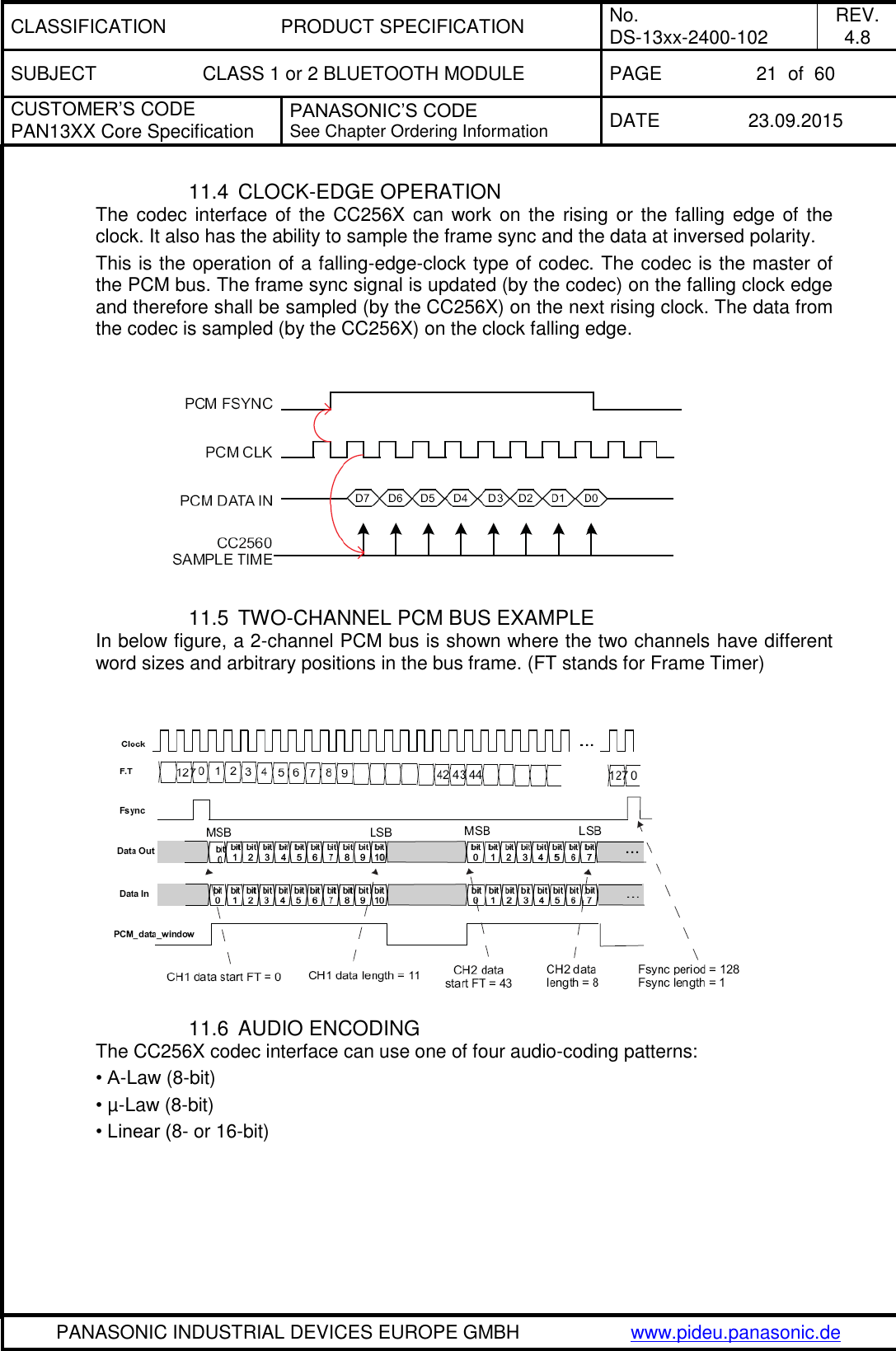 CLASSIFICATION PRODUCT SPECIFICATION No. DS-13xx-2400-102 REV. 4.8 SUBJECT CLASS 1 or 2 BLUETOOTH MODULE PAGE 21  of  60 CUSTOMER&rsquo;S CODE PAN13XX Core Specification PANASONIC&rsquo;S CODE See Chapter Ordering Information DATE 23.09.2015   PANASONIC INDUSTRIAL DEVICES EUROPE GMBH www.pideu.panasonic.de  11.4  CLOCK-EDGE OPERATION The codec interface of  the CC256X  can  work on the rising or the falling edge of  the clock. It also has the ability to sample the frame sync and the data at inversed polarity. This is the operation of a falling-edge-clock type of codec. The codec is the master of the PCM bus. The frame sync signal is updated (by the codec) on the falling clock edge and therefore shall be sampled (by the CC256X) on the next rising clock. The data from the codec is sampled (by the CC256X) on the clock falling edge.              11.5  TWO-CHANNEL PCM BUS EXAMPLE In below figure, a 2-channel PCM bus is shown where the two channels have different word sizes and arbitrary positions in the bus frame. (FT stands for Frame Timer)            11.6  AUDIO ENCODING The CC256X codec interface can use one of four audio-coding patterns: &bull; A-Law (8-bit) &bull; &micro;-Law (8-bit) &bull; Linear (8- or 16-bit) 