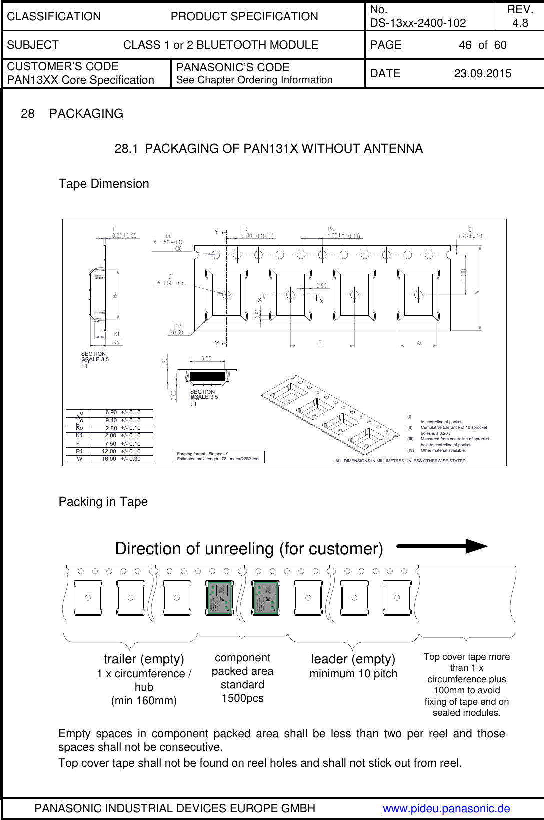 CLASSIFICATION PRODUCT SPECIFICATION No. DS-13xx-2400-102 REV. 4.8 SUBJECT CLASS 1 or 2 BLUETOOTH MODULE PAGE 46  of  60 CUSTOMER&rsquo;S CODE PAN13XX Core Specification PANASONIC&rsquo;S CODE See Chapter Ordering Information DATE 23.09.2015   PANASONIC INDUSTRIAL DEVICES EUROPE GMBH www.pideu.panasonic.de  28  PACKAGING  28.1  PACKAGING OF PAN131X WITHOUT ANTENNA  Tape Dimension  to centreline of pocket.Cumulative tolerance of 10 sprocketholes is &plusmn; 0.20 .Measured from centreline of sprockethole to centreline of pocket.(I)(II)(III)(IV) Other material available.ALL DIMENSIONS IN MILLIMETRES UNLESS OTHERWISE STATED.WFP1+/- 0.10+/- 0.10+/- 0.307.5012.0016.00K1 2.00 +/- 0.10Estimated max. length : 72  meter/22B3 reelForming format : Flatbed - 92.80+/- 0.10+/- 0.109.40BoKo6.90Ao+/- 0.10YYXXSECTION Y-Y SCALE 3.5 : 1SECTION X-X SCALE 3.5 : 1  Packing in Tape  trailer (empty)1 x circumference /hub(min 160mm)component packed areastandard 1500pcsleader (empty)minimum 10 pitchTop cover tape more than 1 x circumference plus 100mm to avoid fixing of tape end on sealed modules.Direction of unreeling (for customer) PAN1315  01/01ENW89809M5AYYWWDLLFCC ID: T7V1315Machine readable 2D-BarcodePAN1315  01/01ENW89809M5AYYWWDLLFCC ID: T7V1315Machine readable 2D-Barcode Empty  spaces  in  component  packed  area  shall  be  less  than  two  per  reel  and  those spaces shall not be consecutive. Top cover tape shall not be found on reel holes and shall not stick out from reel. 