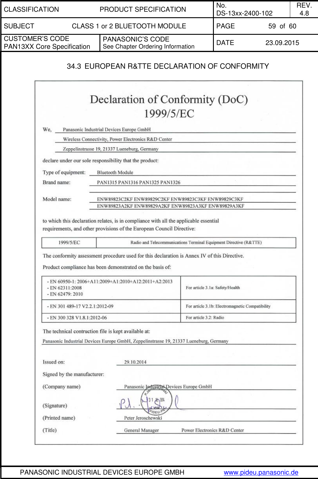 CLASSIFICATION PRODUCT SPECIFICATION No. DS-13xx-2400-102 REV. 4.8 SUBJECT CLASS 1 or 2 BLUETOOTH MODULE PAGE 59  of  60 CUSTOMER&rsquo;S CODE PAN13XX Core Specification PANASONIC&rsquo;S CODE See Chapter Ordering Information DATE 23.09.2015   PANASONIC INDUSTRIAL DEVICES EUROPE GMBH www.pideu.panasonic.de  34.3  EUROPEAN R&amp;TTE DECLARATION OF CONFORMITY    
