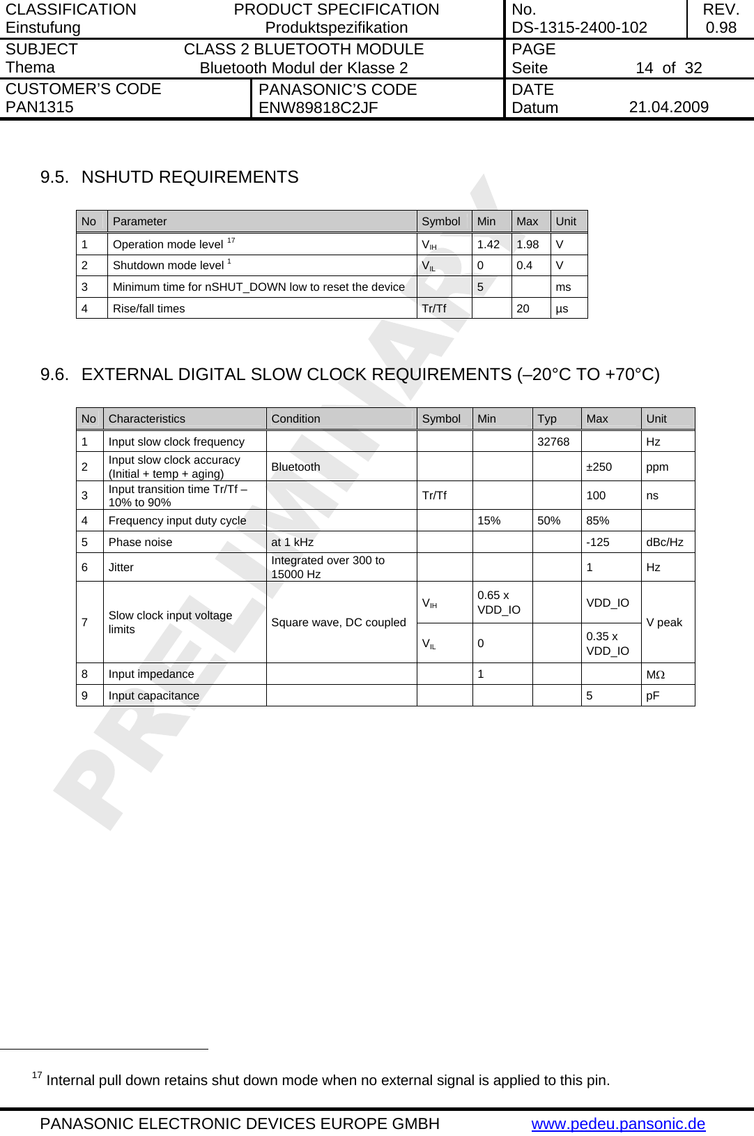 CLASSIFICATION Einstufung  PRODUCT SPECIFICATION Produktspezifikation  No. DS-1315-2400-102  REV. 0.98 SUBJECT Thema  CLASS 2 BLUETOOTH MODULE Bluetooth Modul der Klasse 2  PAGE Seite   14  of  32 CUSTOMER&rsquo;S CODE PAN1315  PANASONIC&rsquo;S CODE ENW89818C2JF  DATE Datum   21.04.2009   PANASONIC ELECTRONIC DEVICES EUROPE GMBH  www.pedeu.pansonic.de   9.5.  NSHUTD REQUIREMENTS  No  Parameter  Symbol  Min  Max  Unit 1  Operation mode level 17 VIH  1.42 1.98 V 2 Shutdown mode level 1 VIL 0 0.4 V 3  Minimum time for nSHUT_DOWN low to reset the device    5    ms 4 Rise/fall times  Tr/Tf    20 &micro;s   9.6.  EXTERNAL DIGITAL SLOW CLOCK REQUIREMENTS (&ndash;20&deg;C TO +70&deg;C)  No  Characteristics  Condition  Symbol  Min  Typ  Max  Unit 1  Input slow clock frequency        32768    Hz 2  Input slow clock accuracy (Initial + temp + aging)  Bluetooth    &plusmn;250 ppm 3  Input transition time Tr/Tf &ndash; 10% to 90%   Tr/Tf   100 ns 4  Frequency input duty cycle      15%  50%  85%   5  Phase noise  at 1 kHz        -125  dBc/Hz 6 Jitter  Integrated over 300 to 15000 Hz      1 Hz VIH 0.65 x VDD_IO   VDD_IO 7  Slow clock input voltage limits  Square wave, DC coupled VIL 0    0.35 x VDD_IO V peak 8 Input impedance      1      M&Omega; 9 Input capacitance          5  pF                                                   17 Internal pull down retains shut down mode when no external signal is applied to this pin. 