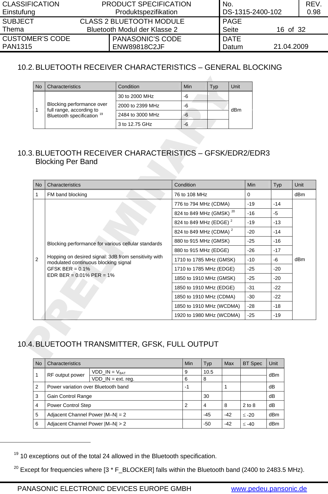 CLASSIFICATION Einstufung  PRODUCT SPECIFICATION Produktspezifikation  No. DS-1315-2400-102  REV. 0.98 SUBJECT Thema  CLASS 2 BLUETOOTH MODULE Bluetooth Modul der Klasse 2  PAGE Seite   16  of  32 CUSTOMER&rsquo;S CODE PAN1315  PANASONIC&rsquo;S CODE ENW89818C2JF  DATE Datum   21.04.2009   PANASONIC ELECTRONIC DEVICES EUROPE GMBH  www.pedeu.pansonic.de  10.2. BLUETOOTH RECEIVER CHARACTERISTICS &ndash; GENERAL BLOCKING  No  Characteristics  Condition  Min  Typ  Unit 30 to 2000 MHz  -6   2000 to 2399 MHz  -6   2484 to 3000 MHz  -6   1  Blocking performance over full range, according to Bluetooth specification 19 3 to 12.75 GHz  -6   dBm   10.3. BLUETOOTH RECEIVER CHARACTERISTICS &ndash; GFSK/EDR2/EDR3 Blocking Per Band  No  Characteristics  Condition  Min  Typ  Unit 1  FM band blocking  76 to 108 MHz  0    dBm 776 to 794 MHz (CDMA)  -19  -14 824 to 849 MHz (GMSK) 20 -16  -5 824 to 849 MHz (EDGE) 2 -19  -13 824 to 849 MHz (CDMA) 2 -20  -14 880 to 915 MHz (GMSK)  -25  -16 880 to 915 MHz (EDGE)  -26  -17 1710 to 1785 MHz (GMSK)  -10  -6 1710 to 1785 MHz (EDGE)  -25  -20 1850 to 1910 MHz (GMSK)  -25  -20 1850 to 1910 MHz (EDGE)  -31  -22 1850 to 1910 MHz (CDMA)  -30  -22 1850 to 1910 MHz (WCDMA)  -28  -18 2 Blocking performance for various cellular standards  Hopping on desired signal: 3dB from sensitivity with modulated continuous blocking signal GFSK BER = 0.1% EDR BER = 0.01% PER = 1% 1920 to 1980 MHz (WCDMA)  -25  -19 dBm   10.4. BLUETOOTH TRANSMITTER, GFSK, FULL OUTPUT  No  Characteristics  Min  Typ  Max  BT Spec  Unit VDD_IN = VBAT 9 10.5   1  RF output power  VDD_IN = ext. reg.  6  8      dBm 2  Power variation over Bluetooth band  -1    1    dB 3  Gain Control Range    30      dB 4  Power Control Step  2  4  8  2 to 8  dB 5  Adjacent Channel Power |M&ndash;N| = 2    -45  -42  &le; -20  dBm 6  Adjacent Channel Power |M&ndash;N| > 2    -50  -42  &le; -40  dBm                                                   19 10 exceptions out of the total 24 allowed in the Bluetooth specification. 20 Except for frequencies where [3 * F_BLOCKER] falls within the Bluetooth band (2400 to 2483.5 MHz). 