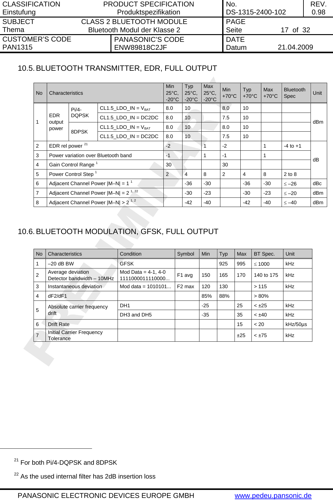 CLASSIFICATION Einstufung  PRODUCT SPECIFICATION Produktspezifikation  No. DS-1315-2400-102  REV. 0.98 SUBJECT Thema  CLASS 2 BLUETOOTH MODULE Bluetooth Modul der Klasse 2  PAGE Seite   17  of  32 CUSTOMER&rsquo;S CODE PAN1315  PANASONIC&rsquo;S CODE ENW89818C2JF  DATE Datum   21.04.2009   PANASONIC ELECTRONIC DEVICES EUROPE GMBH  www.pedeu.pansonic.de  10.5. BLUETOOTH TRANSMITTER, EDR, FULL OUTPUT  No  Characteristics Min 25&deg;C, -20&deg;C Typ 25&deg;C, -20&deg;C Max 25&deg;C, -20&deg;C Min +70&deg;C Typ +70&deg;C Max +70&deg;C Bluetooth Spec  Unit CL1.5_LDO_IN = VBAT 8.0 10   8.0 10    Pi/4-DQPSK  CL1.5_LDO_IN = DC2DC  8.0  10    7.5  10     CL1.5_LDO_IN = VBAT 8.0 10   8.0 10    1 EDR output power  8DPSK  CL1.5_LDO_IN = DC2DC  8.0  10    7.5  10     dBm 2  EDR rel power 21  -2   1 -2   1  -4 to +1 3  Power variation over Bluetooth band  -1    1  -1    1   4  Gain Control Range 1  30   30      5  Power Control Step 1  2 4 8 2  4  8  2 to 8 dB 6  Adjacent Channel Power |M&ndash;N| = 1 1  -36 -30  -36 -30 &le; &ndash;26  dBc 7  Adjacent Channel Power |M&ndash;N| = 2 1, 22  -30 -23  -30 -23 &le; &ndash;20  dBm 8  Adjacent Channel Power |M&ndash;N| > 2 1, 2  -42 -40  -42 -40 &le; &ndash;40  dBm   10.6. BLUETOOTH MODULATION, GFSK, FULL OUTPUT  No  Characteristics  Condition  Symbol  Min  Typ  Max  BT Spec.  Unit 1  &ndash;20 dB BW  GFSK      925  995  &le; 1000  kHz 2  Average deviation Detector bandwidth &ndash; 10MHz Mod Data = 4-1, 4-0 1111000011110000...  F1 avg  150  165  170  140 to 175  kHz 3  Instantaneous deviation  Mod data = 1010101...  F2 max  120  130    > 115  kHz 4  dF2/dF1      85% 88%   > 80%   DH1  -25  25 < &plusmn;25 kHz 5  Absolute carrier frequency drift  DH3 and DH5    -35    35  < &plusmn;40  kHz 6 Drift Rate        15 < 20  kHz/50&micro;s 7  Initial Carrier Frequency Tolerance        &plusmn;25 < &plusmn;75  kHz                                                   21 For both Pi/4-DQPSK and 8DPSK 22 As the used internal filter has 2dB insertion loss 
