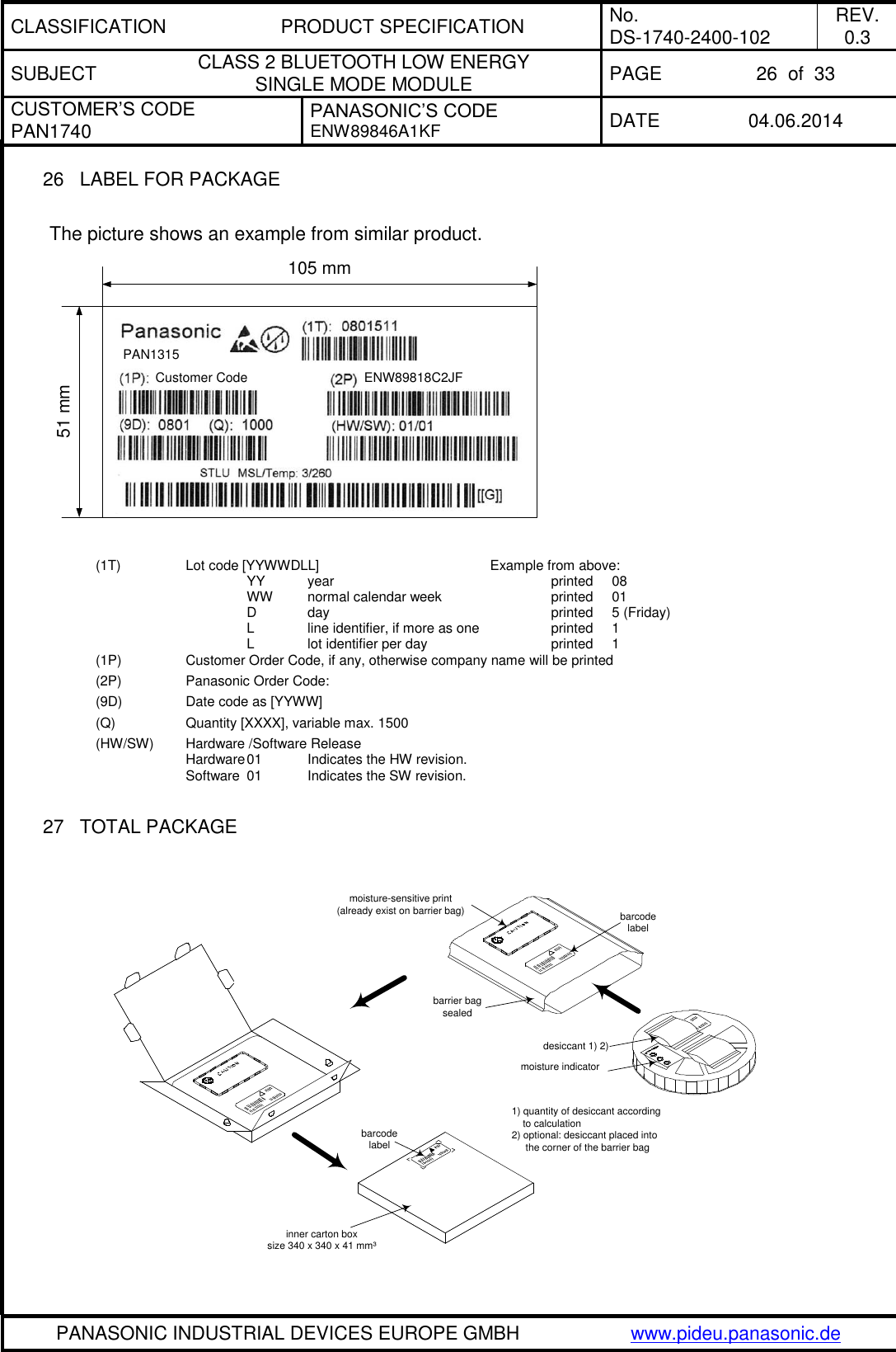 CLASSIFICATION PRODUCT SPECIFICATION No. DS-1740-2400-102 REV. 0.3 SUBJECT CLASS 2 BLUETOOTH LOW ENERGY  SINGLE MODE MODULE PAGE 26  of  33 CUSTOMER’S CODE PAN1740 PANASONIC’S CODE ENW89846A1KF DATE 04.06.2014   PANASONIC INDUSTRIAL DEVICES EUROPE GMBH www.pideu.panasonic.de  26  LABEL FOR PACKAGE  The picture shows an example from similar product. PAN1315Customer Code ENW89818C2JF105 mm51 mm  (1T)   Lot code [YYWWDLL]       Example from above:       YY  year        printed  08       WW  normal calendar week    printed  01       D  day        printed  5 (Friday)       L  line identifier, if more as one     printed  1       L  lot identifier per day     printed  1 (1P)   Customer Order Code, if any, otherwise company name will be printed (2P)   Panasonic Order Code:  (9D)   Date code as [YYWW] (Q)    Quantity [XXXX], variable max. 1500 (HW/SW)  Hardware /Software Release           Hardware 01  Indicates the HW revision.     Software  01  Indicates the SW revision.  27  TOTAL PACKAGE   barcodelabelmoisture-sensitive print(already exist on barrier bag) barcodelabeldesiccant 1) 2)moisture indicatorbarrier bagsealedinner carton boxsize 340 x 340 x 41 mm³1) quantity of desiccant according    to calculation2) optional: desiccant placed into     the corner of the barrier bag