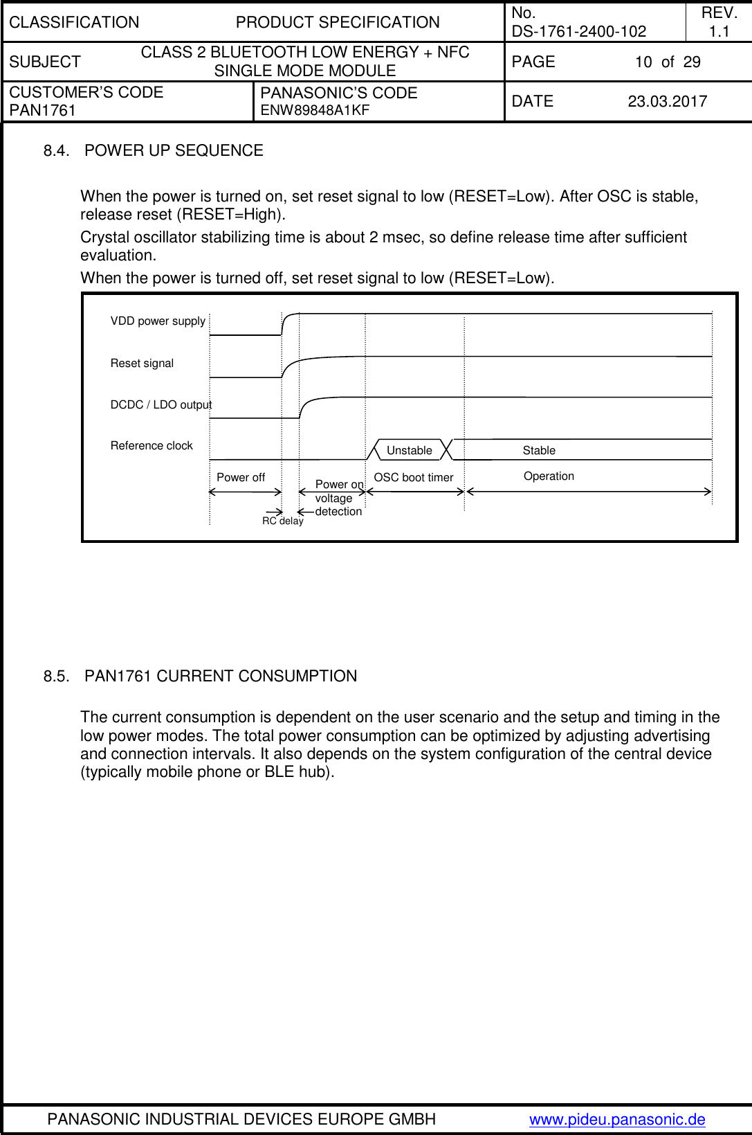 CLASSIFICATION PRODUCT SPECIFICATION No. DS-1761-2400-102 REV. 1.1 SUBJECT CLASS 2 BLUETOOTH LOW ENERGY + NFC SINGLE MODE MODULE PAGE 10  of  29 CUSTOMER’S CODE PAN1761 PANASONIC’S CODE ENW89848A1KF  DATE 23.03.2017   PANASONIC INDUSTRIAL DEVICES EUROPE GMBH www.pideu.panasonic.de  8.4.  POWER UP SEQUENCE  When the power is turned on, set reset signal to low (RESET=Low). After OSC is stable, release reset (RESET=High). Crystal oscillator stabilizing time is about 2 msec, so define release time after sufficient evaluation. When the power is turned off, set reset signal to low (RESET=Low).    8.5.  PAN1761 CURRENT CONSUMPTION  The current consumption is dependent on the user scenario and the setup and timing in the low power modes. The total power consumption can be optimized by adjusting advertising and connection intervals. It also depends on the system configuration of the central device (typically mobile phone or BLE hub).    VDD power supply Reset signal DCDC / LDO output Power off OSC boot timer Operation Power on voltage detection  RC delay Reference clock Stable Unstable 