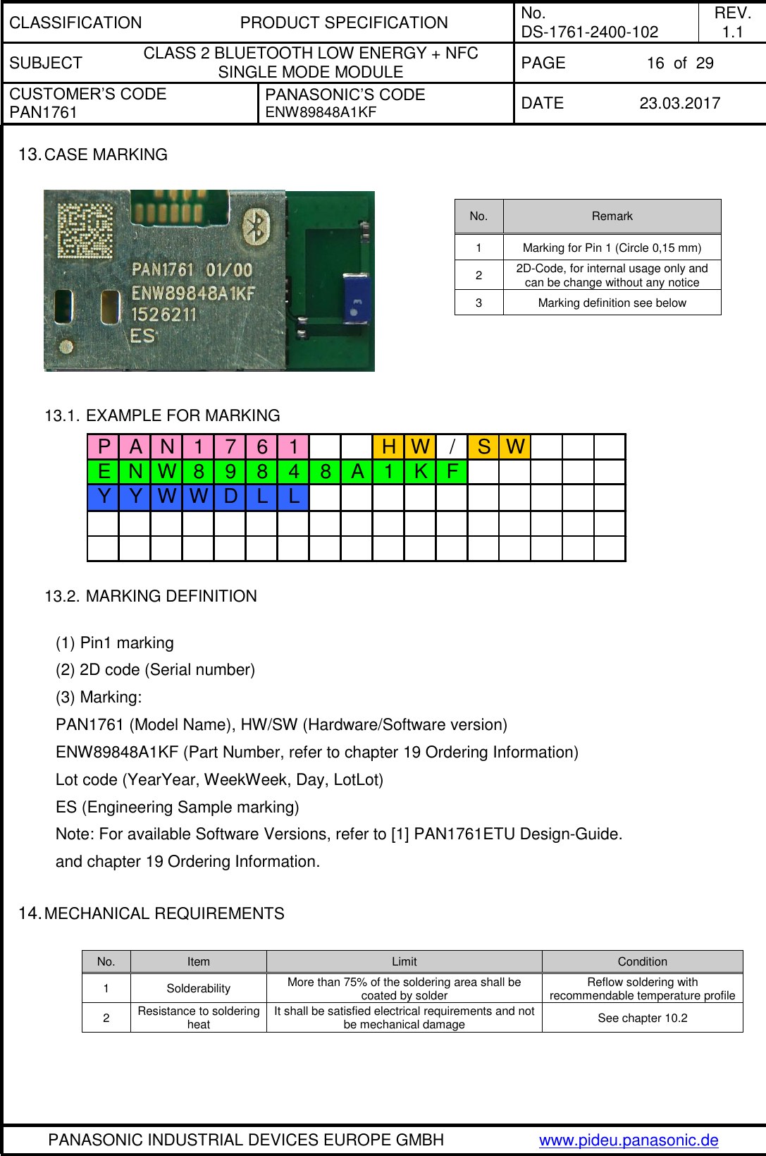 CLASSIFICATION PRODUCT SPECIFICATION No. DS-1761-2400-102 REV. 1.1 SUBJECT CLASS 2 BLUETOOTH LOW ENERGY + NFC SINGLE MODE MODULE PAGE 16  of  29 CUSTOMER’S CODE PAN1761 PANASONIC’S CODE ENW89848A1KF  DATE 23.03.2017   PANASONIC INDUSTRIAL DEVICES EUROPE GMBH www.pideu.panasonic.de  13. CASE MARKING    13.1. EXAMPLE FOR MARKING  13.2. MARKING DEFINITION  (1) Pin1 marking (2) 2D code (Serial number) (3) Marking: PAN1761 (Model Name), HW/SW (Hardware/Software version)  ENW89848A1KF (Part Number, refer to chapter 19 Ordering Information)  Lot code (YearYear, WeekWeek, Day, LotLot) ES (Engineering Sample marking)   Note: For available Software Versions, refer to [1] PAN1761ETU Design-Guide. and chapter 19 Ordering Information.  14. MECHANICAL REQUIREMENTS  No. Item Limit Condition 1 Solderability More than 75% of the soldering area shall be coated by solder Reflow soldering with recommendable temperature profile 2 Resistance to soldering heat It shall be satisfied electrical requirements and not be mechanical damage See chapter 10.2  No. Remark 1 Marking for Pin 1 (Circle 0,15 mm) 2 2D-Code, for internal usage only and can be change without any notice 3 Marking definition see below P A N 1 7 6 1 H W / S WE N W 8 9 8 4 8 A 1 K FY Y W W D L L1 2 3 