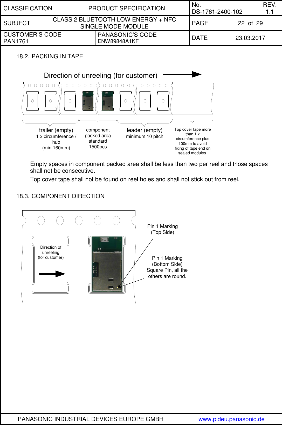 CLASSIFICATION PRODUCT SPECIFICATION No. DS-1761-2400-102 REV. 1.1 SUBJECT CLASS 2 BLUETOOTH LOW ENERGY + NFC SINGLE MODE MODULE PAGE 22  of  29 CUSTOMER’S CODE PAN1761 PANASONIC’S CODE ENW89848A1KF  DATE 23.03.2017   PANASONIC INDUSTRIAL DEVICES EUROPE GMBH www.pideu.panasonic.de  18.2. PACKING IN TAPE   Empty spaces in component packed area shall be less than two per reel and those spaces shall not be consecutive. Top cover tape shall not be found on reel holes and shall not stick out from reel.  18.3. COMPONENT DIRECTION     100730-PAN1720.vsdtrailer (empty)1 x circumference /hub(min 160mm)component packed areastandard 1500pcsleader (empty)minimum 10 pitchTop cover tape more than 1 x circumference plus 100mm to avoid fixing of tape end on sealed modules.Direction of unreeling (for customer) 100730-PAN1720.vsdDirection of unreeling(for customer)Pin 1 Marking(Top Side)Pin 1 Marking(Bottom Side)Square Pin, all the others are round.