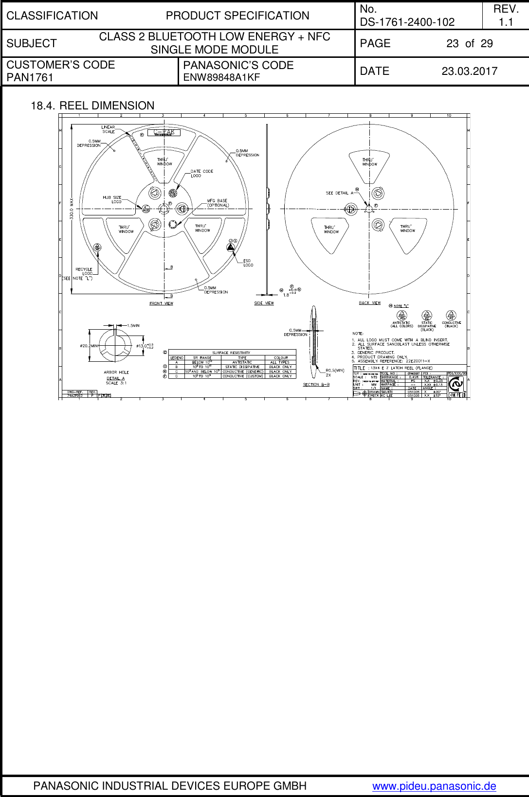 CLASSIFICATION PRODUCT SPECIFICATION No. DS-1761-2400-102 REV. 1.1 SUBJECT CLASS 2 BLUETOOTH LOW ENERGY + NFC SINGLE MODE MODULE PAGE 23  of  29 CUSTOMER’S CODE PAN1761 PANASONIC’S CODE ENW89848A1KF  DATE 23.03.2017   PANASONIC INDUSTRIAL DEVICES EUROPE GMBH www.pideu.panasonic.de  18.4. REEL DIMENSION   