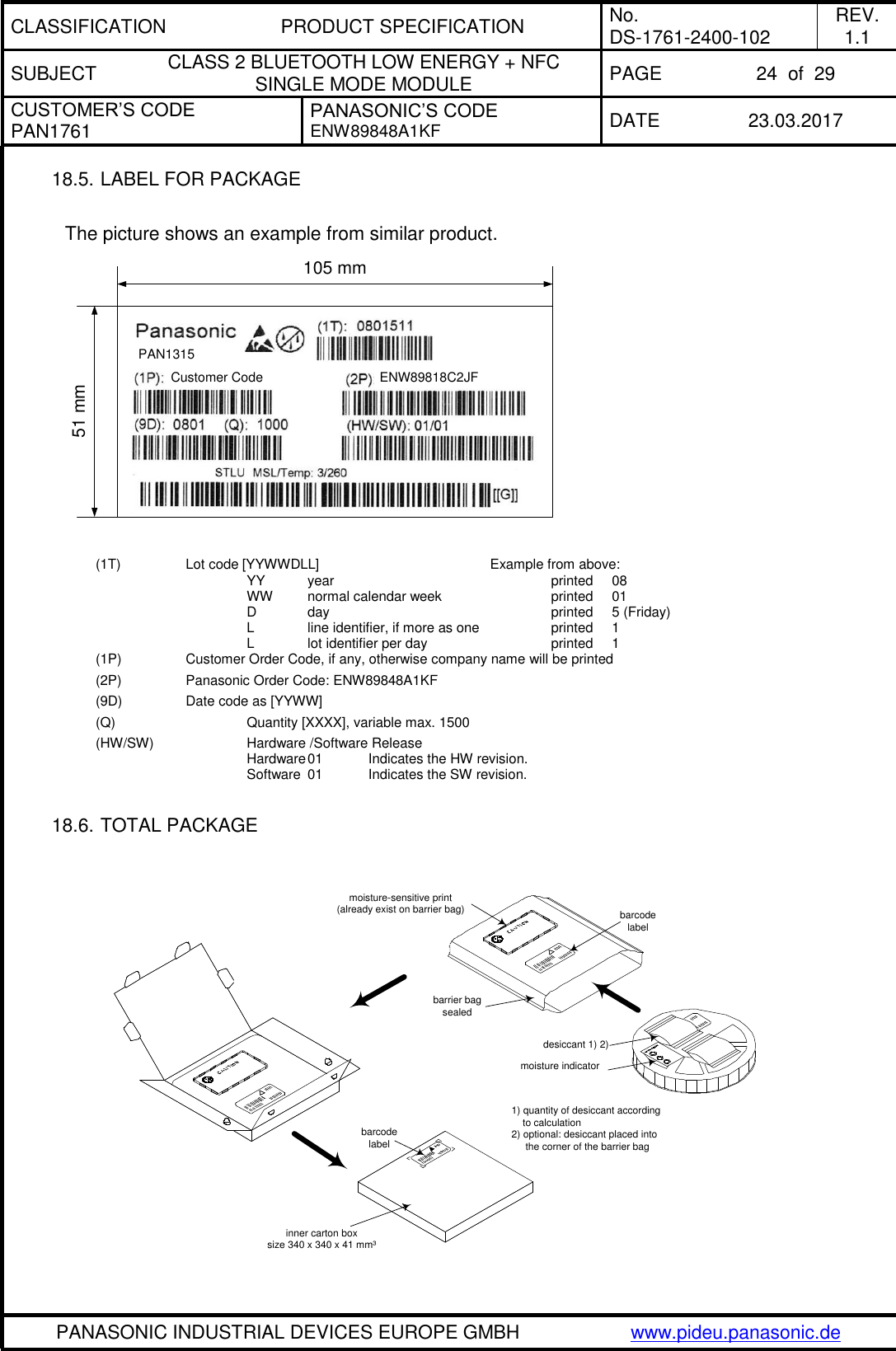 CLASSIFICATION PRODUCT SPECIFICATION No. DS-1761-2400-102 REV. 1.1 SUBJECT CLASS 2 BLUETOOTH LOW ENERGY + NFC SINGLE MODE MODULE PAGE 24  of  29 CUSTOMER’S CODE PAN1761 PANASONIC’S CODE ENW89848A1KF  DATE 23.03.2017   PANASONIC INDUSTRIAL DEVICES EUROPE GMBH www.pideu.panasonic.de  18.5. LABEL FOR PACKAGE  The picture shows an example from similar product.   (1T)   Lot code [YYWWDLL]       Example from above:       YY  year        printed  08       WW  normal calendar week    printed  01       D  day        printed  5 (Friday)       L  line identifier, if more as one     printed  1       L  lot identifier per day     printed  1 (1P)   Customer Order Code, if any, otherwise company name will be printed (2P)   Panasonic Order Code: ENW89848A1KF (9D)   Date code as [YYWW] (Q)      Quantity [XXXX], variable max. 1500 (HW/SW)    Hardware /Software Release             Hardware 01  Indicates the HW revision.       Software  01  Indicates the SW revision.  18.6. TOTAL PACKAGE  PAN1315Customer Code ENW89818C2JF105 mm51 mm barcodelabelmoisture-sensitive print(already exist on barrier bag) barcodelabeldesiccant 1) 2)moisture indicatorbarrier bagsealedinner carton boxsize 340 x 340 x 41 mm³1) quantity of desiccant according    to calculation2) optional: desiccant placed into     the corner of the barrier bag