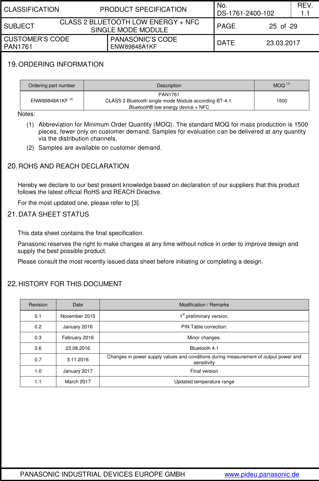 CLASSIFICATION PRODUCT SPECIFICATION No. DS-1761-2400-102 REV. 1.1 SUBJECT CLASS 2 BLUETOOTH LOW ENERGY + NFC SINGLE MODE MODULE PAGE 25  of  29 CUSTOMER’S CODE PAN1761 PANASONIC’S CODE ENW89848A1KF  DATE 23.03.2017   PANASONIC INDUSTRIAL DEVICES EUROPE GMBH www.pideu.panasonic.de  19. ORDERING INFORMATION  Ordering part number Description MOQ (1) ENW89848A1KF (2) PAN1761 CLASS 2 Bluetooth single mode Module according BT-4.1.  Bluetooth® low energy device + NFC 1500 Notes: (1)  Abbreviation for Minimum Order Quantity (MOQ). The standard MOQ for mass production is 1500 pieces, fewer only on customer demand. Samples for evaluation can be delivered at any quantity via the distribution channels. (2)  Samples are available on customer demand.  20. ROHS AND REACH DECLARATION  Hereby we declare to our best present knowledge based on declaration of our suppliers that this product follows the latest official RoHS and REACH Directive. For the most updated one, please refer to [3]. 21. DATA SHEET STATUS  This data sheet contains the final specification. Panasonic reserves the right to make changes at any time without notice in order to improve design and supply the best possible product. Please consult the most recently issued data sheet before initiating or completing a design.  22. HISTORY FOR THIS DOCUMENT  Revision Date Modification / Remarks 0.1 November 2015 1st preliminary version. 0.2 January 2016 PIN Table correction. 0.3 February 2016 Minor changes. 0.6 23.08.2016 Bluetooth 4.1 0.7 3.11.2016 Changes in power supply values and conditions during measurement of output power and sensitivity 1.0 January 2017 Final version  1.1 March 2017 Updated temperature range  