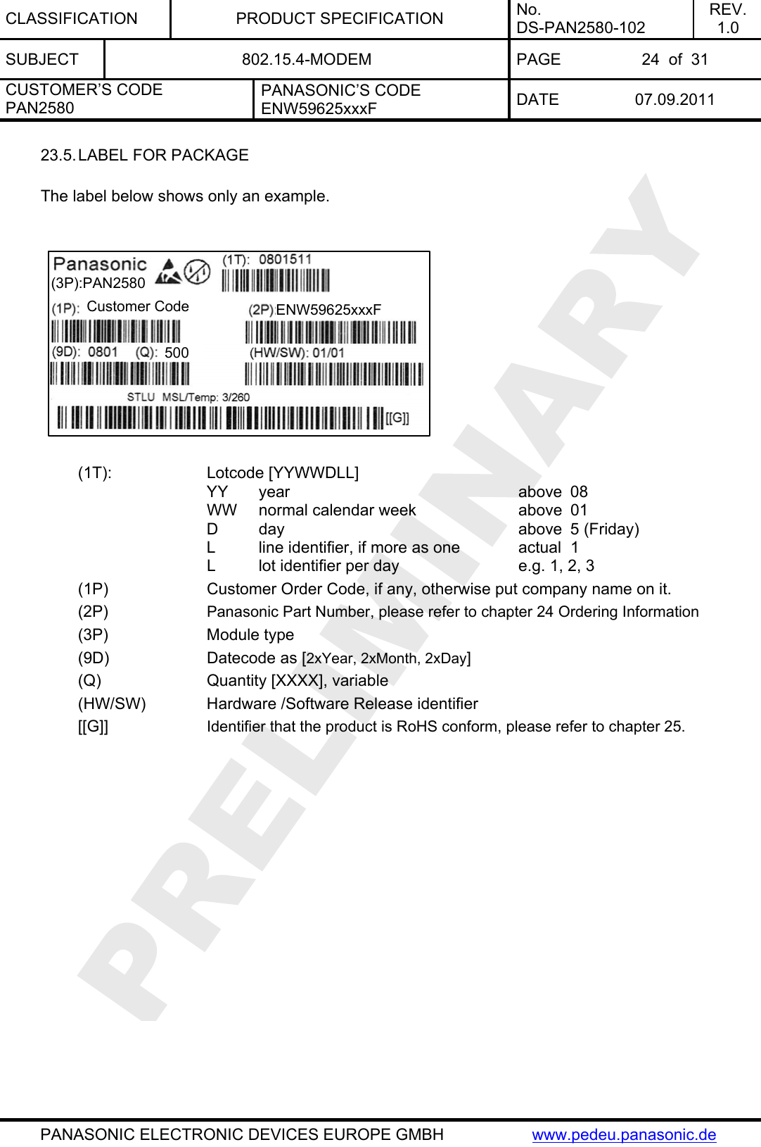 CLASSIFICATION PRODUCT SPECIFICATION No. DS-PAN2580-102 REV. 1.0 SUBJECT  802.15.4-MODEM  PAGE  24  of  31 CUSTOMER’S CODE PAN2580 PANASONIC’S CODE ENW59625xxxF  DATE 07.09.2011   PANASONIC ELECTRONIC DEVICES EUROPE GMBH  www.pedeu.panasonic.de  23.5. LABEL FOR PACKAGE  The label below shows only an example.  ENW59625xxxF 500 (3P):PAN2580 Customer Code  (1T):    Lotcode [YYWWDLL]     YY year     above 08       WW  normal calendar week    above  01    D day     above 5 (Friday)       L  line identifier, if more as one    actual  1       L  lot identifier per day      e.g. 1, 2, 3 (1P)    Customer Order Code, if any, otherwise put company name on it. (2P)   Panasonic Part Number, please refer to chapter 24 Ordering Information (3P)   Module type (9D)    Datecode as [2xYear, 2xMonth, 2xDay] (Q)     Quantity [XXXX], variable (HW/SW)    Hardware /Software Release identifier [[G]]   Identifier that the product is RoHS conform, please refer to chapter 25.   