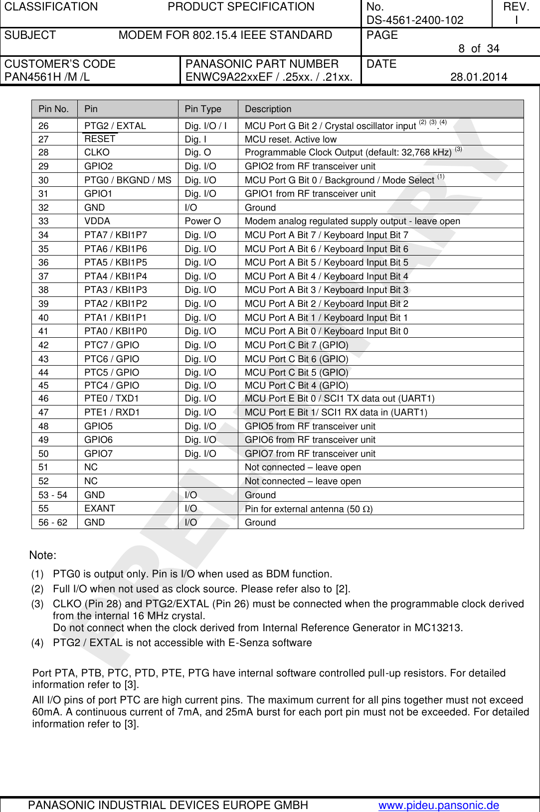CLASSIFICATION  PRODUCT SPECIFICATION  No. DS-4561-2400-102 REV. I SUBJECT  MODEM FOR 802.15.4 IEEE STANDARD  PAGE   8  of  34 CUSTOMER’S CODE PAN4561H /M /L PANASONIC PART NUMBER ENWC9A22xxEF / .25xx. / .21xx. DATE   28.01.2014   PANASONIC INDUSTRIAL DEVICES EUROPE GMBH www.pideu.pansonic.de  PRELIMINARY Pin No. Pin Pin Type Description 26 PTG2 / EXTAL Dig. I/O / I MCU Port G Bit 2 / Crystal oscillator input P(2)P (3).(4)  27 RESET Dig. I MCU reset. Active low 28 CLKO Dig. O Programmable Clock Output (default: 32,768 kHz)P (3) 29 GPIO2 Dig. I/O GPIO2 from RF transceiver unit 30 PTG0 / BKGND / MS Dig. I/O MCU Port G Bit 0 / Background / Mode Select P(1)P 31 GPIO1 Dig. I/O GPIO1 from RF transceiver unit 32 GND I/O Ground 33 VDDA Power O Modem analog regulated supply output - leave open 34 PTA7 / KBI1P7 Dig. I/O MCU Port A Bit 7 / Keyboard Input Bit 7 35 PTA6 / KBI1P6 Dig. I/O MCU Port A Bit 6 / Keyboard Input Bit 6 36 PTA5 / KBI1P5 Dig. I/O MCU Port A Bit 5 / Keyboard Input Bit 5 37 PTA4 / KBI1P4 Dig. I/O MCU Port A Bit 4 / Keyboard Input Bit 4 38 PTA3 / KBI1P3 Dig. I/O MCU Port A Bit 3 / Keyboard Input Bit 3 39 PTA2 / KBI1P2 Dig. I/O MCU Port A Bit 2 / Keyboard Input Bit 2 40 PTA1 / KBI1P1 Dig. I/O MCU Port A Bit 1 / Keyboard Input Bit 1 41 PTA0 / KBI1P0 Dig. I/O MCU Port A Bit 0 / Keyboard Input Bit 0 42 PTC7 / GPIO Dig. I/O MCU Port C Bit 7 (GPIO) 43 PTC6 / GPIO Dig. I/O MCU Port C Bit 6 (GPIO) 44 PTC5 / GPIO Dig. I/O MCU Port C Bit 5 (GPIO) 45 PTC4 / GPIO Dig. I/O MCU Port C Bit 4 (GPIO) 46 PTE0 / TXD1 Dig. I/O MCU Port E Bit 0 / SCI1 TX data out (UART1) 47 PTE1 / RXD1 Dig. I/O MCU Port E Bit 1/ SCI1 RX data in (UART1) 48 GPIO5 Dig. I/O GPIO5 from RF transceiver unit 49 GPIO6 Dig. I/O GPIO6 from RF transceiver unit 50 GPIO7 Dig. I/O GPIO7 from RF transceiver unit 51 NC  Not connected – leave open 52 NC  Not connected – leave open 53 - 54 GND I/O Ground 55 EXANT I/O Pin for external antenna (50 ) 56 - 62 GND I/O Ground  Note: (1)  PTG0 is output only. Pin is I/O when used as BDM function. (2)  Full I/O when not used as clock source. Please refer also to [2]. (3)  CLKO (Pin 28) and PTG2/EXTAL (Pin 26) must be connected when the programmable clock derived from the internal 16 MHz crystal. Do not connect when the clock derived from Internal Reference Generator in MC13213. (4)  PTG2 / EXTAL is not accessible with E-Senza software  Port PTA, PTB, PTC, PTD, PTE, PTG have internal software controlled pull-up resistors. For detailed information refer to [3]. All I/O pins of port PTC are high current pins. The maximum current for all pins together must not exceed 60mA. A continuous current of 7mA, and 25mA burst for each port pin must not be exceeded. For detailed information refer to [3]. 