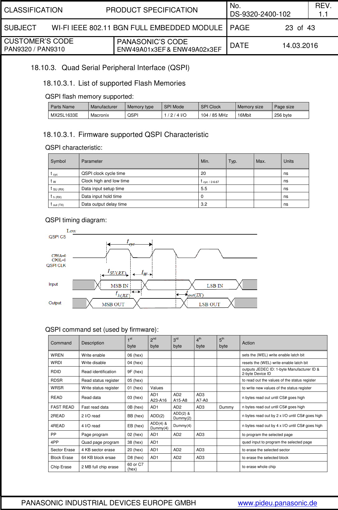 CLASSIFICATION PRODUCT SPECIFICATION No. DS-9320-2400-102 REV. 1.1 SUBJECT WI-FI IEEE 802.11 BGN FULL EMBEDDED MODULE PAGE 23  of  43 CUSTOMER’S CODE PAN9320 / PAN9310 PANASONIC’S CODE ENW49A01x3EF &amp; ENW49A02x3EF DATE 14.03.2016   PANASONIC INDUSTRIAL DEVICES EUROPE GMBH www.pideu.panasonic.de  18.10.3.  Quad Serial Peripheral Interface (QSPI)  18.10.3.1.  List of supported Flash Memories  QSPI flash memory supported: Parts Name Manufacturer Memory type SPI Mode SPI Clock Memory size Page size MX25L1633E Macronix QSPI 1 / 2 / 4 I/O 104 / 85 MHz 16Mbit 256 byte  18.10.3.1.  Firmware supported QSPI Characteristic  QSPI characteristic: Symbol Parameter Min. Typ. Max. Units t cyc QSPI clock cycle time 20   ns t W Clock high and low time t cyc / 2-6.67   ns t SU (RX) Data input setup time 5.5   ns t h (RX) Data input hold time 0   ns t out (TX) Data output delay time 3.2   ns   QSPI timing diagram:   QSPI command set (used by firmware): Command Description 1st byte 2nd byte 3rd byte 4th byte 5th byte Action WREN Write enable 06 (hex)     sets the (WEL) write enable latch bit WRDI Write disable 04 (hex)     resets the (WEL) write enable latch bit RDID Read identification 9F (hex)     outputs JEDEC ID: 1-byte Manufacturer ID &amp;  2-byte Device ID RDSR Read status register 05 (hex)     to read out the values of the status register WRSR Write status register 01 (hex) Values    to write new values of the status register READ Read data 03 (hex) AD1 A23-A16 AD2 A15-A8 AD3 A7-A0  n bytes read out until CS# goes high FAST READ Fast read data 0B (hex) AD1 AD2 AD3 Dummy n bytes read out until CS# goes high 2READ 2 I/O read BB (hex) ADD(2) ADD(2) &amp; Dummy(2)   n bytes read out by 2 x I/O until CS# goes high 4READ 4 I/O read EB (hex) ADD(4) &amp; Dummy(4) Dummy(4)   n bytes read out by 4 x I/O until CS# goes high PP Page program 02 (hex) AD1 AD2 AD3  to program the selected page 4PP Quad page program 38 (hex) AD1    quad input to program the selected page Sector Erase 4 KB sector erase 20 (hex) AD1 AD2 AD3  to erase the selected sector Block Erase 64 KB block ersae D8 (hex) AD1 AD2 AD3  to erase the selected block Chip Erase 2 MB full chip erase 60 or C7 (hex)     to erase whole chip  