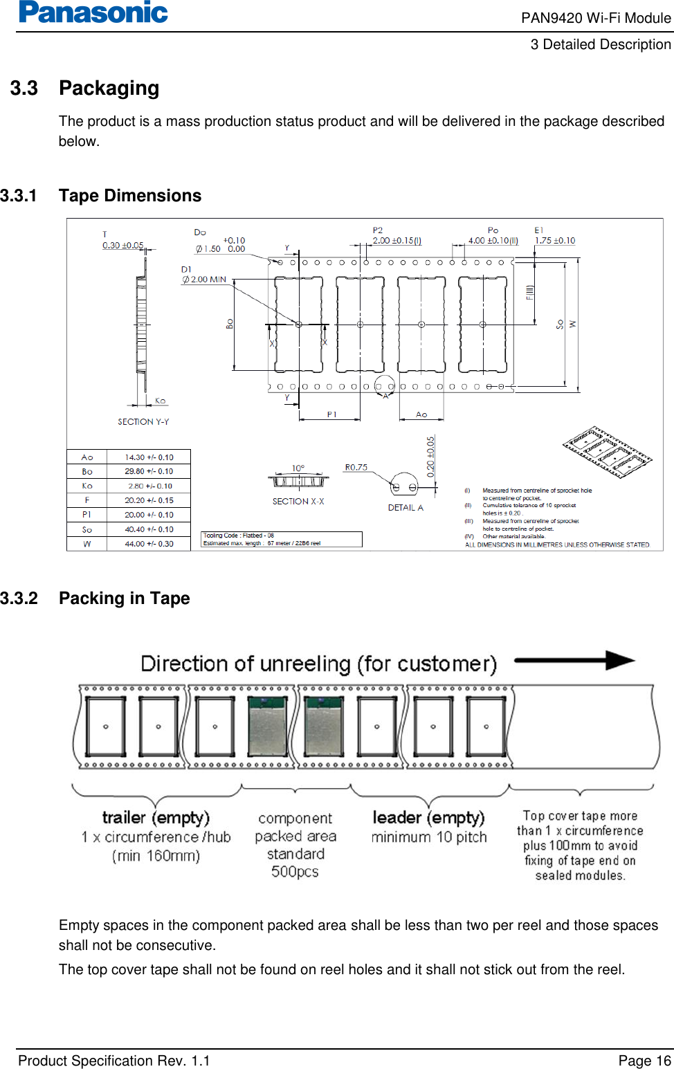     PAN9420 Wi-Fi Module         3 Detailed Description    Product Specification Rev. 1.1    Page 16  3.3  Packaging The product is a mass production status product and will be delivered in the package described below.  3.3.1  Tape Dimensions   3.3.2  Packing in Tape    Empty spaces in the component packed area shall be less than two per reel and those spaces shall not be consecutive. The top cover tape shall not be found on reel holes and it shall not stick out from the reel. 