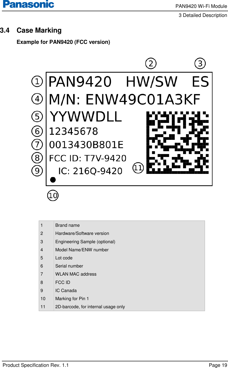     PAN9420 Wi-Fi Module         3 Detailed Description    Product Specification Rev. 1.1    Page 19  3.4  Case Marking Example for PAN9420 (FCC version)     1 2 3 4 5 6 7 8 9 10 11 Brand name Hardware/Software version Engineering Sample (optional) Model Name/ENW number Lot code Serial number WLAN MAC address FCC ID IC Canada Marking for Pin 1 2D-barcode, for internal usage only  