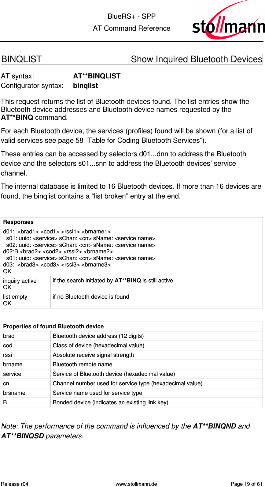  BlueRS+ - SPP AT Command Reference Release r04  www.stollmann.de  Page 19 of 61  BINQLIST  Show Inquired Bluetooth Devices AT syntax:  AT**BINQLIST Configurator syntax:  binqlist This request returns the list of Bluetooth devices found. The list entries show the Bluetooth device addresses and Bluetooth device names requested by the AT**BINQ command.  For each Bluetooth device, the services (profiles) found will be shown (for a list of valid services see page 58 “Table for Coding Bluetooth Services”). These entries can be accessed by selectors d01...dnn to address the Bluetooth device and the selectors s01...snn to address the Bluetooth devices’ service channel. The internal database is limited to 16 Bluetooth devices. If more than 16 devices are found, the binqlist contains a “list broken” entry at the end.  Responses d01:  &lt;brad1&gt; &lt;cod1&gt; &lt;rssi1&gt; &lt;brname1&gt;   s01: uuid: &lt;service&gt; sChan: &lt;cn&gt; sName: &lt;service name&gt;   s02: uuid: &lt;service&gt; sChan: &lt;cn&gt; sName: &lt;service name&gt; d02:B &lt;brad2&gt; &lt;cod2&gt; &lt;rssi2&gt; &lt;brname2&gt;   s01: uuid: &lt;service&gt; sChan: &lt;cn&gt; sName: &lt;service name&gt; d03:  &lt;brad3&gt; &lt;cod3&gt; &lt;rssi3&gt; &lt;brname3&gt; OK inquiry active OK  if the search initiated by AT**BINQ is still active list empty OK  if no Bluetooth device is found  Properties of found Bluetooth device brad  Bluetooth device address (12 digits) cod  Class of device (hexadecimal value) rssi  Absolute receive signal strength brname  Bluetooth remote name service  Service of Bluetooth device (hexadecimal value) cn  Channel number used for service type (hexadecimal value) brsname  Service name used for service type B  Bonded device (indicates an existing link key)  Note: The performance of the command is influenced by the AT**BINQND and AT**BINQSD parameters.  