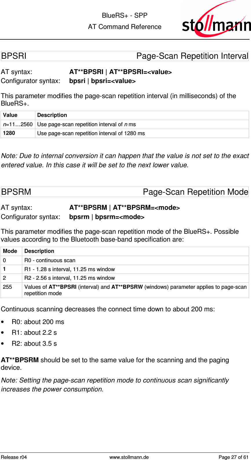  BlueRS+ - SPP AT Command Reference Release r04  www.stollmann.de  Page 27 of 61  BPSRI  Page-Scan Repetition Interval AT syntax:  AT**BPSRI | AT**BPSRI=&lt;value&gt; Configurator syntax:  bpsri | bpsri=&lt;value&gt; This parameter modifies the page-scan repetition interval (in milliseconds) of the BlueRS+.  Value  Description n=11…2560 Use page-scan repetition interval of n ms 1280  Use page-scan repetition interval of 1280 ms  Note: Due to internal conversion it can happen that the value is not set to the exact entered value. In this case it will be set to the next lower value. BPSRM  Page-Scan Repetition Mode AT syntax:  AT**BPSRM | AT**BPSRM=&lt;mode&gt; Configurator syntax:  bpsrm | bpsrm=&lt;mode&gt; This parameter modifies the page-scan repetition mode of the BlueRS+. Possible values according to the Bluetooth base-band specification are: Mode  Description 0  R0 - continuous scan 1  R1 - 1.28 s interval, 11.25 ms window 2  R2 - 2.56 s interval, 11.25 ms window 255  Values of AT**BPSRI (interval) and AT**BPSRW (windows) parameter applies to page-scan repetition mode Continuous scanning decreases the connect time down to about 200 ms: •  R0:  about 200 ms •  R1:  about 2.2 s •  R2:  about 3.5 s AT**BPSRM should be set to the same value for the scanning and the paging device. Note: Setting the page-scan repetition mode to continuous scan significantly increases the power consumption. 
