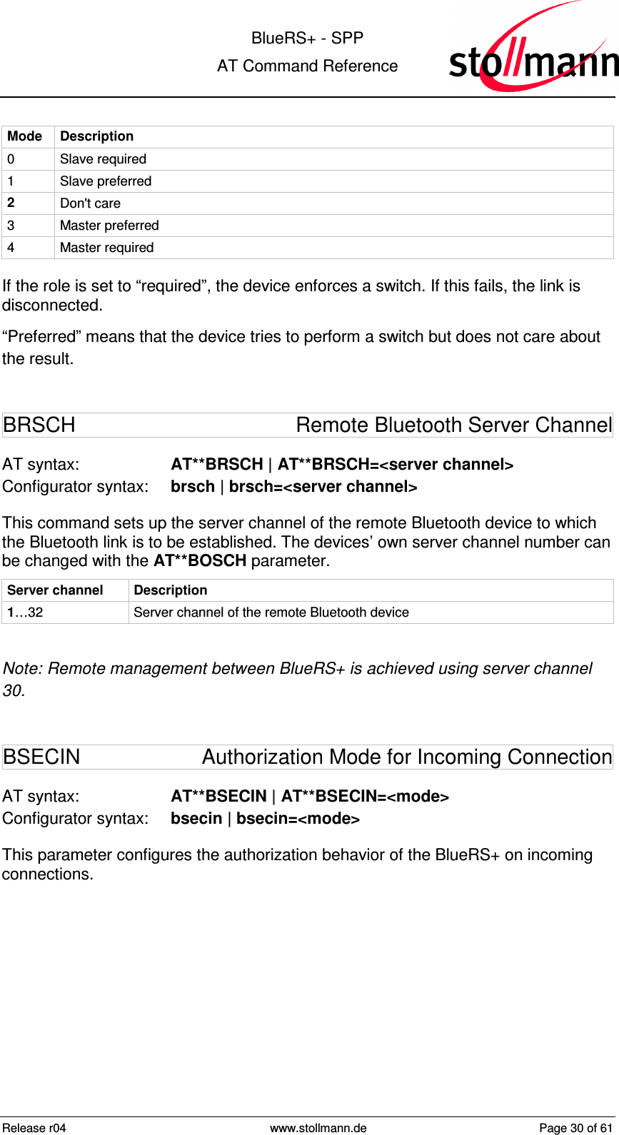  BlueRS+ - SPP AT Command Reference Release r04  www.stollmann.de  Page 30 of 61  Mode  Description 0  Slave required 1  Slave preferred 2  Don&apos;t care 3  Master preferred 4  Master required If the role is set to “required”, the device enforces a switch. If this fails, the link is disconnected.  “Preferred” means that the device tries to perform a switch but does not care about the result. BRSCH  Remote Bluetooth Server Channel AT syntax:  AT**BRSCH | AT**BRSCH=&lt;server channel&gt; Configurator syntax:  brsch | brsch=&lt;server channel&gt; This command sets up the server channel of the remote Bluetooth device to which the Bluetooth link is to be established. The devices’ own server channel number can be changed with the AT**BOSCH parameter.  Server channel  Description 1…32 Server channel of the remote Bluetooth device  Note: Remote management between BlueRS+ is achieved using server channel 30. BSECIN  Authorization Mode for Incoming Connection  AT syntax:  AT**BSECIN | AT**BSECIN=&lt;mode&gt; Configurator syntax:  bsecin | bsecin=&lt;mode&gt; This parameter configures the authorization behavior of the BlueRS+ on incoming connections.  
