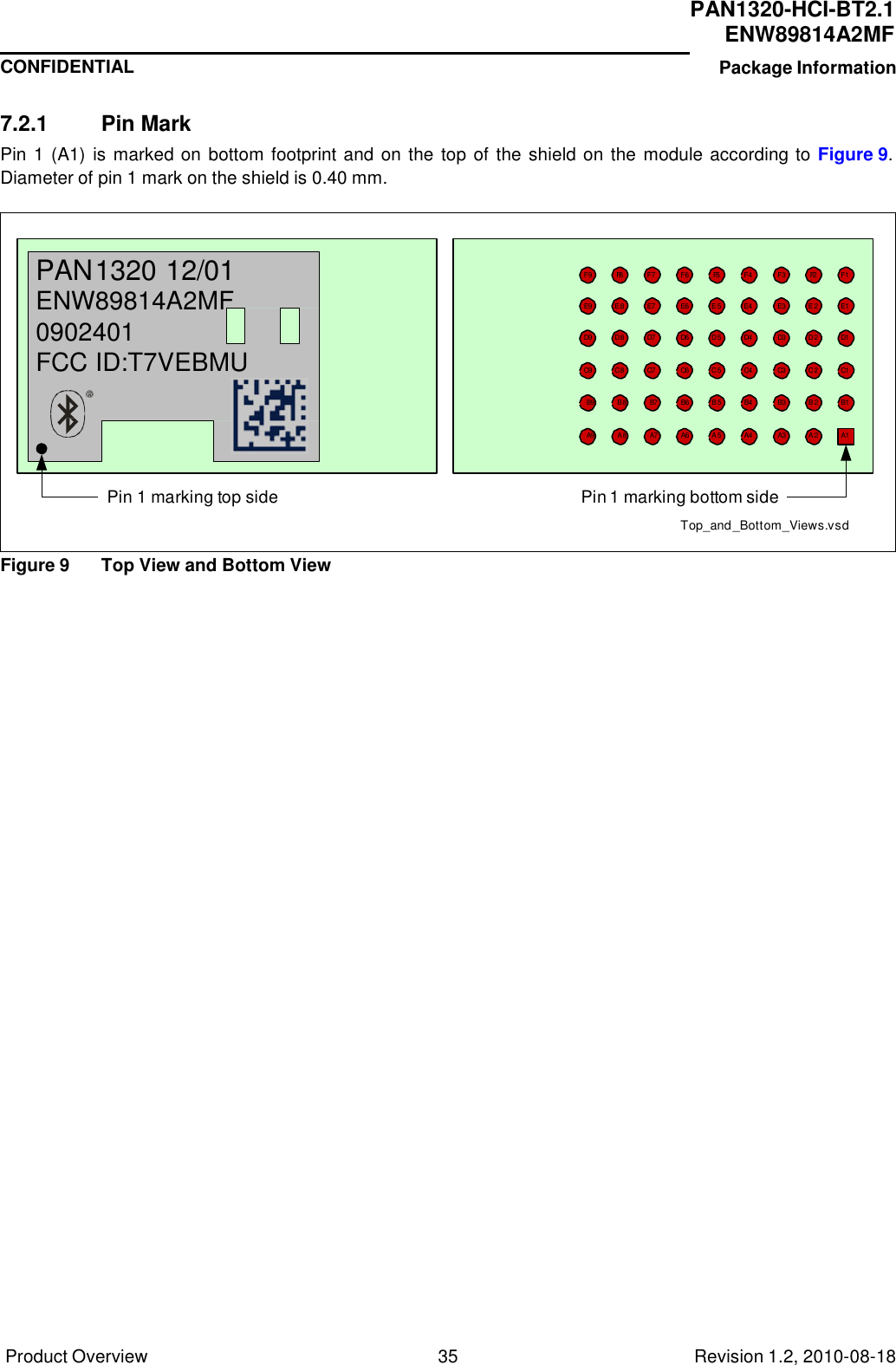 Product Overview 35 Revision 1.2, 2010-08-18   PAN1320-HCI-BT2.1 ENW89814A2MF CONFIDENTIAL Package Information     7.2.1  Pin Mark Pin 1 (A1) is marked on  bottom footprint and on the top  of the shield on the module according to Figure 9. Diameter of pin 1 mark on the shield is 0.40 mm.     PAN 1320 12/01 ENW89814A2MF 0902401 FCC ID:T7VEBMU  F9  F8  F7  E9  E8  E7  D9  D8  D7  C9  C8  C7  F6  F5  F4  E6  E5  E4  D6  D5  D4  C6  C5  C4  F3  F2  F1  E3  E2  E1  D3  D2  D1  C3  C2  C1  B9 B8 B7  B6  B5  B4  B3  B2  B1  A9 A8 A7  A6  A5  A4  A3  A2  A1   Pin 1 marking top side Pin 1 marking bottom side  Top_and _Bottom_Views.vsd  Figure 9  Top View and Bottom View 