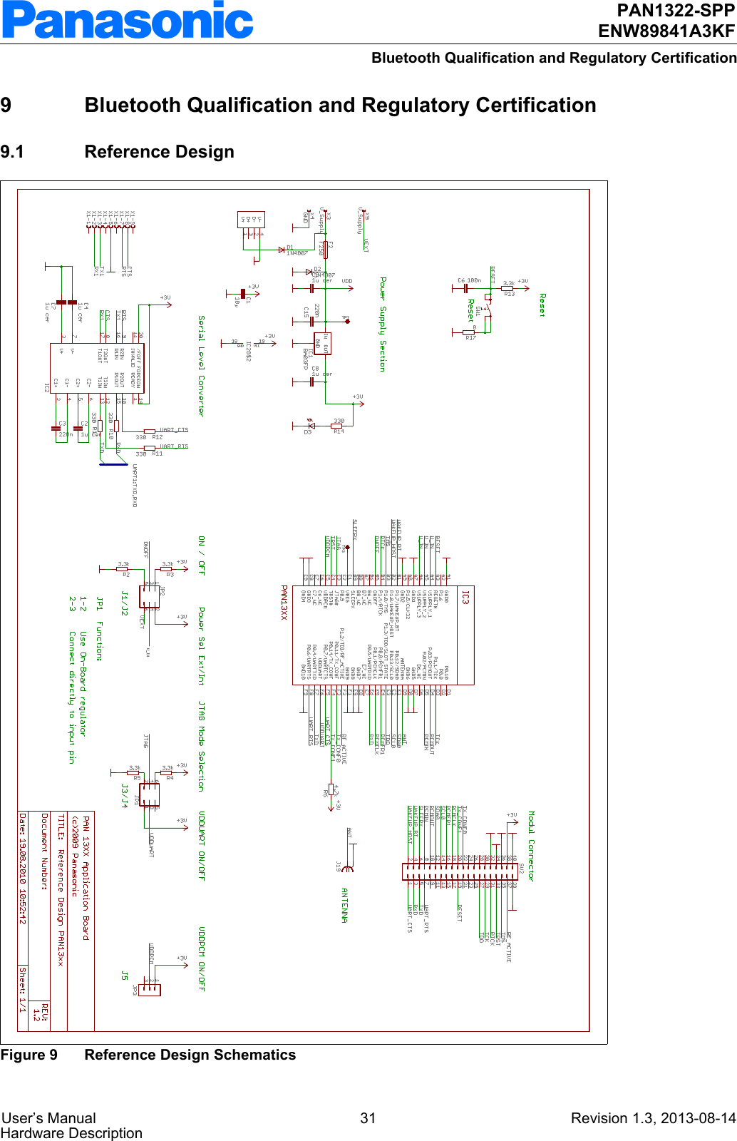 User’s Manual 31 Revision 1.3, 2013-08-14Hardware Description PAN1322-SPPENW89841A3KFBluetooth Qualification and Regulatory Certification9Bluetooth Qualification and Regulatory Certification9.1 Reference DesignFigure 9 Reference Design Schematics