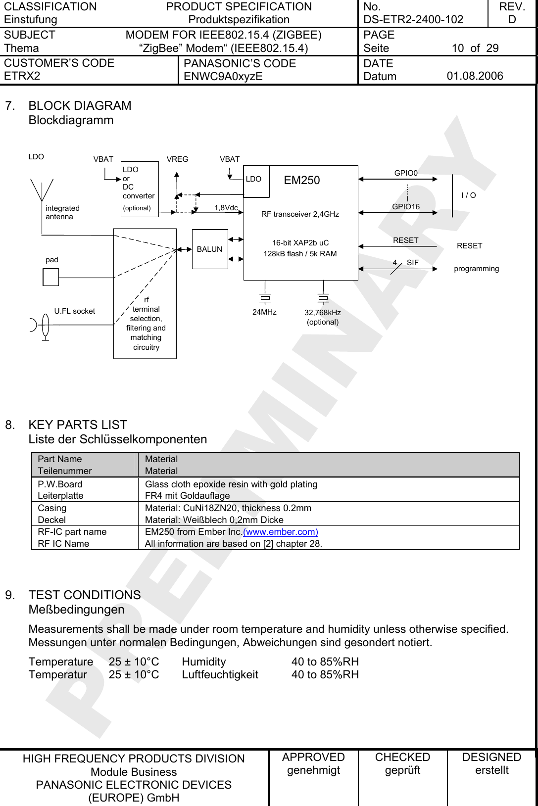 CLASSIFICATION Einstufung PRODUCT SPECIFICATION Produktspezifikation No. DS-ETR2-2400-102 REV. D SUBJECT Thema MODEM FOR IEEE802.15.4 (ZIGBEE) “ZigBee” Modem“ (IEEE802.15.4)   PAGE Seite  10  of  29 CUSTOMER’S CODE ETRX2 PANASONIC’S CODE ENWC9A0xyzE DATE Datum  01.08.2006   HIGH FREQUENCY PRODUCTS DIVISION Module Business PANASONIC ELECTRONIC DEVICES  (EUROPE) GmbH APPROVED genehmigt CHECKED geprüft DESIGNED erstellt 7. BLOCK DIAGRAM Blockdiagramm  LDO  24MHz 32,768kHz(optional)EM250RF transceiver 2,4GHz16-bit XAP2b uC128kB flash / 5k RAMGPIO0 GPIO16 I / Oprogramming4 SIF LDO or DC converter (optional) VBATVBAT VREG RESET RESETBALUNintegrated antenna pad U.FL socket rf terminal selection, filtering and matching circuitry    LDO 1,8Vdc   8.  KEY PARTS LIST Liste der Schlüsselkomponenten Part Name Teilenummer Material Material P.W.Board Leiterplatte Glass cloth epoxide resin with gold plating  FR4 mit Goldauflage Casing Deckel Material: CuNi18ZN20, thickness 0.2mm Material: Weißblech 0,2mm Dicke RF-IC part name RF IC Name EM250 from Ember Inc.(www.ember.com) All information are based on [2] chapter 28.   9. TEST CONDITIONS Meßbedingungen Measurements shall be made under room temperature and humidity unless otherwise specified. Messungen unter normalen Bedingungen, Abweichungen sind gesondert notiert. Temperature  25 ± 10°C  Humidity    40 to 85%RH Temperatur  25 ± 10°C  Luftfeuchtigkeit  40 to 85%RH  