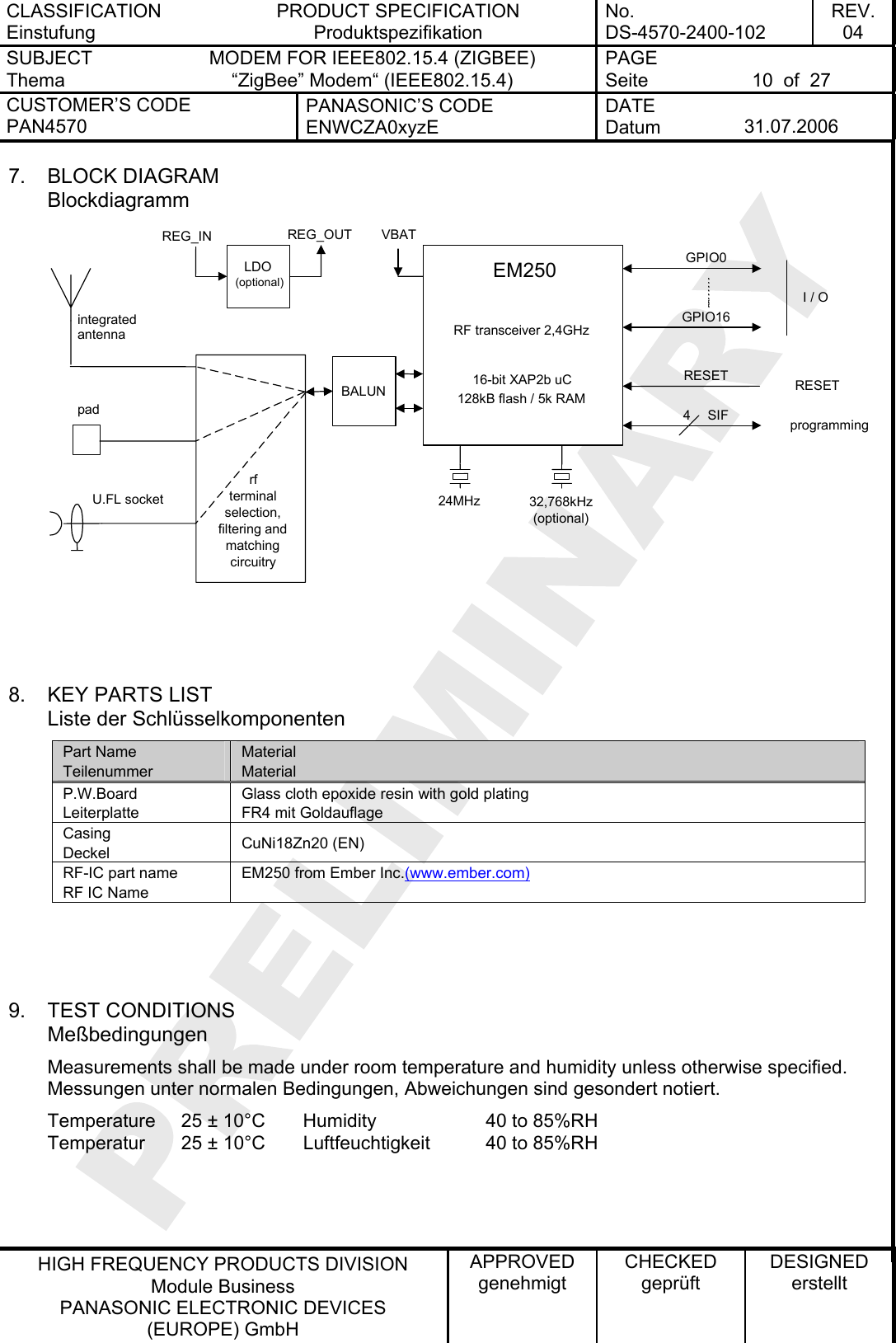 CLASSIFICATION Einstufung PRODUCT SPECIFICATION Produktspezifikation No. DS-4570-2400-102 REV. 04 SUBJECT Thema MODEM FOR IEEE802.15.4 (ZIGBEE) “ZigBee” Modem“ (IEEE802.15.4)   PAGE Seite  10  of  27 CUSTOMER’S CODE PAN4570 PANASONIC’S CODE ENWCZA0xyzE DATE Datum  31.07.2006   HIGH FREQUENCY PRODUCTS DIVISION Module Business PANASONIC ELECTRONIC DEVICES  (EUROPE) GmbH APPROVED genehmigt CHECKED geprüft DESIGNED erstellt 7. BLOCK DIAGRAM Blockdiagramm  24MHz 32,768kHz(optional)EM250RF transceiver 2,4GHz16-bit XAP2b uC128kB flash / 5k RAMGPIO0 GPIO16 I / Oprogramming4 SIF LDO (optional) VBATREG_IN REG_OUTRESET RESETBALUNintegrated antenna pad U.FL socket rf terminal selection, filtering and matching circuitry    8.  KEY PARTS LIST Liste der Schlüsselkomponenten Part Name Teilenummer Material Material P.W.Board Leiterplatte Glass cloth epoxide resin with gold plating  FR4 mit Goldauflage Casing Deckel  CuNi18Zn20 (EN) RF-IC part name RF IC Name EM250 from Ember Inc.(www.ember.com)     9. TEST CONDITIONS Meßbedingungen Measurements shall be made under room temperature and humidity unless otherwise specified. Messungen unter normalen Bedingungen, Abweichungen sind gesondert notiert. Temperature  25 ± 10°C  Humidity    40 to 85%RH Temperatur  25 ± 10°C  Luftfeuchtigkeit  40 to 85%RH  