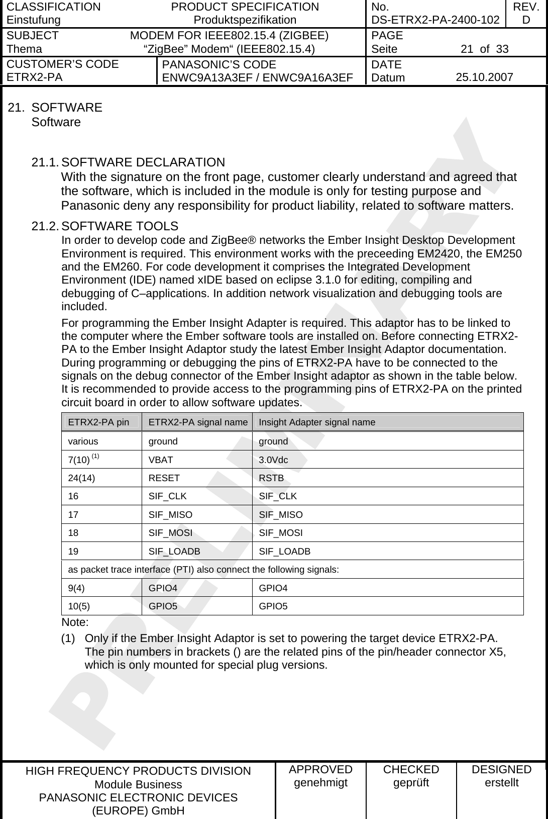 CLASSIFICATION Einstufung  PRODUCT SPECIFICATION Produktspezifikation  No. DS-ETRX2-PA-2400-102 REV.D SUBJECT Thema  MODEM FOR IEEE802.15.4 (ZIGBEE) “ZigBee” Modem“ (IEEE802.15.4)    PAGE Seite   21  of  33 CUSTOMER’S CODE ETRX2-PA  PANASONIC’S CODE ENWC9A13A3EF / ENWC9A16A3EF  DATE Datum   25.10.2007   HIGH FREQUENCY PRODUCTS DIVISION Module Business PANASONIC ELECTRONIC DEVICES  (EUROPE) GmbH APPROVED genehmigt  CHECKED geprüft  DESIGNED erstellt 21. SOFTWARE Software  21.1. SOFTWARE DECLARATION With the signature on the front page, customer clearly understand and agreed that the software, which is included in the module is only for testing purpose and Panasonic deny any responsibility for product liability, related to software matters. 21.2. SOFTWARE TOOLS In order to develop code and ZigBee® networks the Ember Insight Desktop Development Environment is required. This environment works with the preceeding EM2420, the EM250 and the EM260. For code development it comprises the Integrated Development Environment (IDE) named xIDE based on eclipse 3.1.0 for editing, compiling and debugging of C–applications. In addition network visualization and debugging tools are included. For programming the Ember Insight Adapter is required. This adaptor has to be linked to the computer where the Ember software tools are installed on. Before connecting ETRX2-PA to the Ember Insight Adaptor study the latest Ember Insight Adaptor documentation. During programming or debugging the pins of ETRX2-PA have to be connected to the signals on the debug connector of the Ember Insight adaptor as shown in the table below. It is recommended to provide access to the programming pins of ETRX2-PA on the printed circuit board in order to allow software updates. ETRX2-PA pin  ETRX2-PA signal name Insight Adapter signal name various ground  ground 7(10) (1) VBAT 3.0Vdc 24(14) RESET  RSTB 16 SIF_CLK  SIF_CLK 17 SIF_MISO SIF_MISO 18 SIF_MOSI SIF_MOSI 19 SIF_LOADB SIF_LOADB as packet trace interface (PTI) also connect the following signals: 9(4) GPIO4  GPIO4 10(5) GPIO5  GPIO5 Note: (1)  Only if the Ember Insight Adaptor is set to powering the target device ETRX2-PA. The pin numbers in brackets () are the related pins of the pin/header connector X5, which is only mounted for special plug versions.  