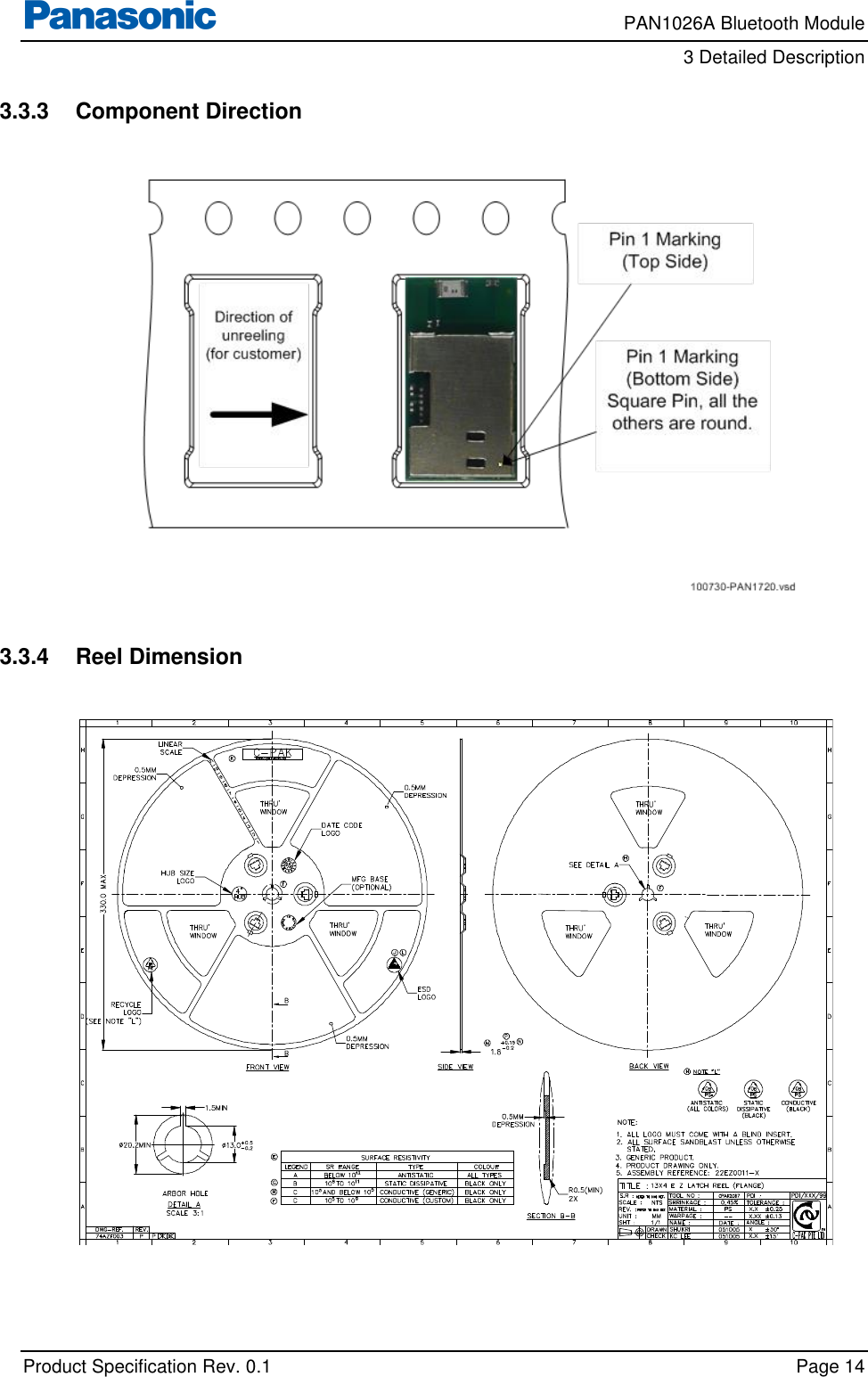     PAN1026A Bluetooth Module         3 Detailed Description    Product Specification Rev. 0.1    Page 14  3.3.3  Component Direction    3.3.4  Reel Dimension     
