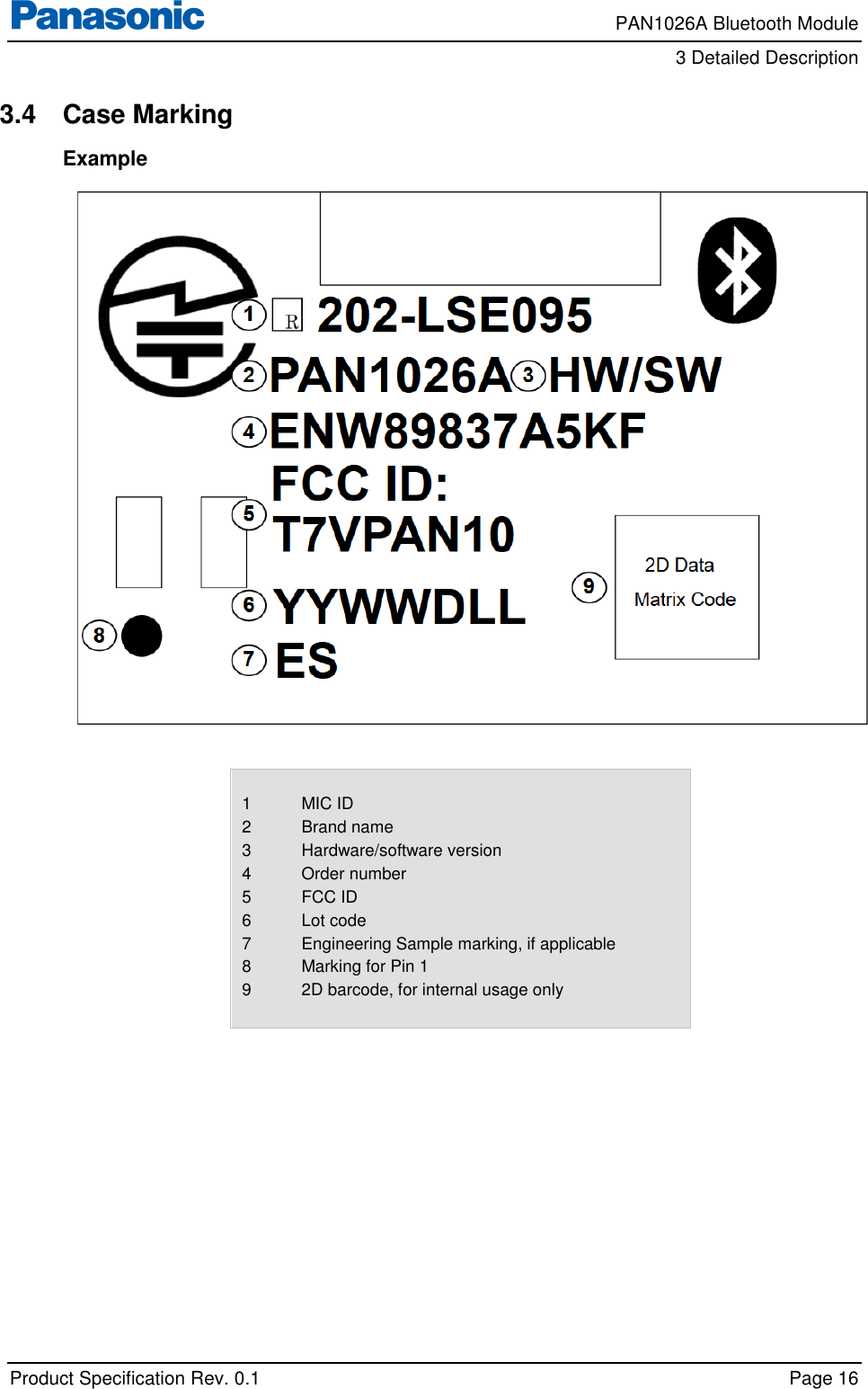     PAN1026A Bluetooth Module         3 Detailed Description    Product Specification Rev. 0.1    Page 16  3.4  Case Marking Example    1 2 3 4 5 6 7 8 9   MIC ID Brand name Hardware/software version Order number FCC ID Lot code Engineering Sample marking, if applicable Marking for Pin 1 2D barcode, for internal usage only   