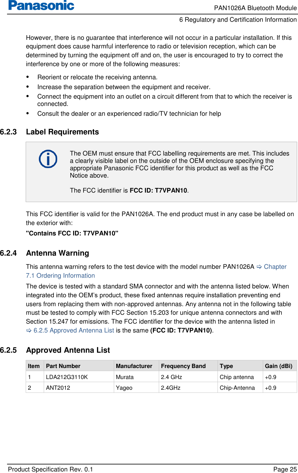     PAN1026A Bluetooth Module         6 Regulatory and Certification Information    Product Specification Rev. 0.1    Page 25  However, there is no guarantee that interference will not occur in a particular installation. If this equipment does cause harmful interference to radio or television reception, which can be determined by turning the equipment off and on, the user is encouraged to try to correct the interference by one or more of the following measures: • Reorient or relocate the receiving antenna. • Increase the separation between the equipment and receiver. • Connect the equipment into an outlet on a circuit different from that to which the receiver is connected. • Consult the dealer or an experienced radio/TV technician for help  6.2.3  Label Requirements  The OEM must ensure that FCC labelling requirements are met. This includes a clearly visible label on the outside of the OEM enclosure specifying the appropriate Panasonic FCC identifier for this product as well as the FCC Notice above. The FCC identifier is FCC ID: T7VPAN10.  This FCC identifier is valid for the PAN1026A. The end product must in any case be labelled on the exterior with: &quot;Contains FCC ID: T7VPAN10&quot;  6.2.4  Antenna Warning This antenna warning refers to the test device with the model number PAN1026A  Chapter 7.1 Ordering Information The device is tested with a standard SMA connector and with the antenna listed below. When integrated into the OEM’s product, these fixed antennas require installation preventing end users from replacing them with non-approved antennas. Any antenna not in the following table must be tested to comply with FCC Section 15.203 for unique antenna connectors and with Section 15.247 for emissions. The FCC identifier for the device with the antenna listed in  6.2.5 Approved Antenna List is the same (FCC ID: T7VPAN10).  6.2.5  Approved Antenna List Item Part Number Manufacturer Frequency Band Type Gain (dBi) 1 LDA212G3110K Murata 2.4 GHz Chip antenna +0.9 2 ANT2012 Yageo 2.4GHz Chip-Antenna +0.9  