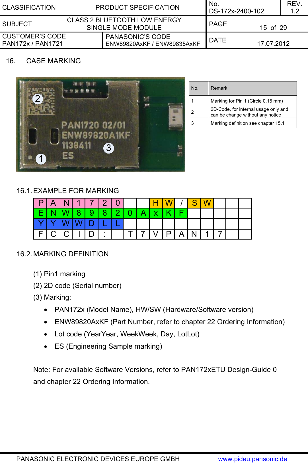 CLASSIFICATION PRODUCT SPECIFICATION No. DS-172x-2400-102 REV. 1.2 SUBJECT  CLASS 2 BLUETOOTH LOW ENERGY  SINGLE MODE MODULE  PAGE   15  of  29 CUSTOMER’S CODE PAN172x / PAN1721 PANASONIC’S CODE ENW89820AxKF / ENW89835AxKF  DATE   17.07.2012   PANASONIC ELECTRONIC DEVICES EUROPE GMBH  www.pideu.pansonic.de 16.  CASE MARKING  123 No.  Remark 1  Marking for Pin 1 (Circle 0,15 mm) 2  2D-Code, for internal usage only and can be change without any notice 3  Marking definition see chapter 15.1  16.1. EXAMPLE FOR MARKING PAN1 7 2 0 HW / SWENW8 9 8 2 0 Ax KFYYWWD L LFCCID: T7VPAN17 16.2. MARKING DEFINITION  (1) Pin1 marking (2) 2D code (Serial number) (3) Marking: •  PAN172x (Model Name), HW/SW (Hardware/Software version)  •  ENW89820AxKF (Part Number, refer to chapter 22 Ordering Information)  •  Lot code (YearYear, WeekWeek, Day, LotLot) •  ES (Engineering Sample marking)     Note: For available Software Versions, refer to PAN172xETU Design-Guide 0  and chapter 22 Ordering Information.   