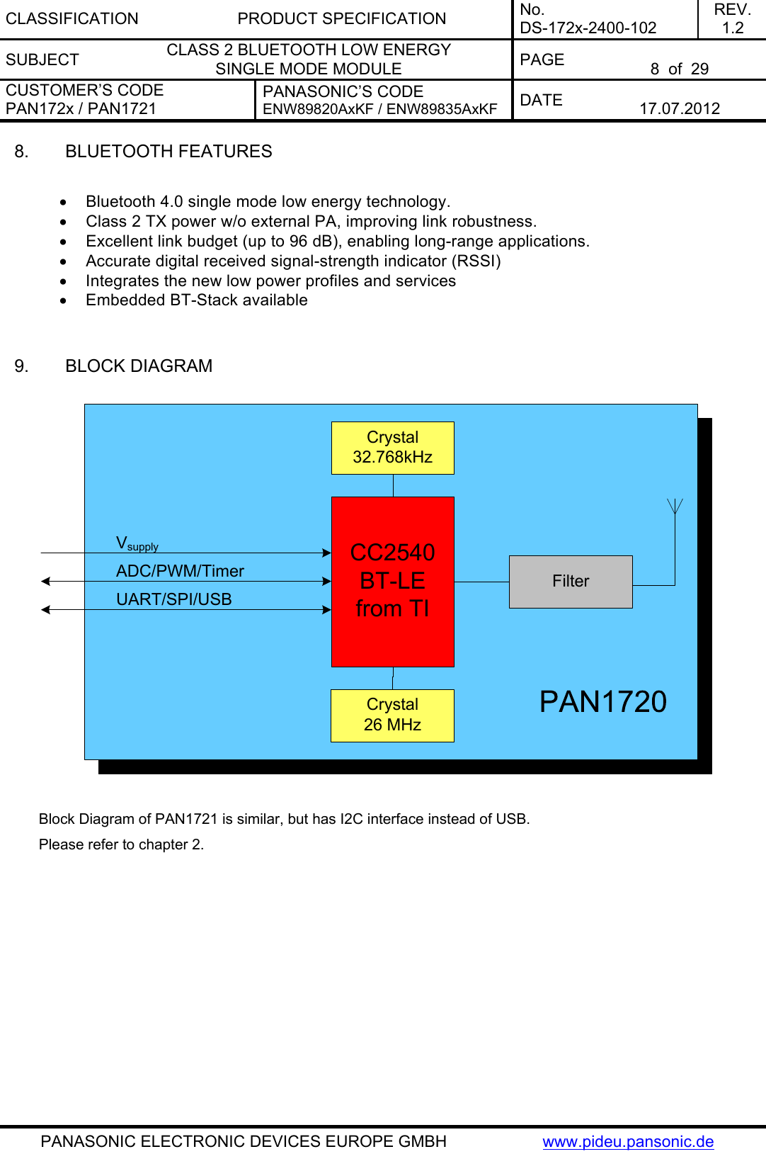 CLASSIFICATION PRODUCT SPECIFICATION No. DS-172x-2400-102 REV. 1.2 SUBJECT  CLASS 2 BLUETOOTH LOW ENERGY  SINGLE MODE MODULE  PAGE   8  of  29 CUSTOMER’S CODE PAN172x / PAN1721 PANASONIC’S CODE ENW89820AxKF / ENW89835AxKF  DATE   17.07.2012   PANASONIC ELECTRONIC DEVICES EUROPE GMBH  www.pideu.pansonic.de 8.  BLUETOOTH FEATURES  •  Bluetooth 4.0 single mode low energy technology. •  Class 2 TX power w/o external PA, improving link robustness. •  Excellent link budget (up to 96 dB), enabling long-range applications. •  Accurate digital received signal-strength indicator (RSSI) •  Integrates the new low power profiles and services •  Embedded BT-Stack available   9.  BLOCK DIAGRAM  CC2540BT-LEfrom TICrystal32.768kHzCrystal 26 MHzFilterVsupplyADC/PWM/TimerUART/SPI/USB  Block Diagram of PAN1721 is similar, but has I2C interface instead of USB.  Please refer to chapter 2.   