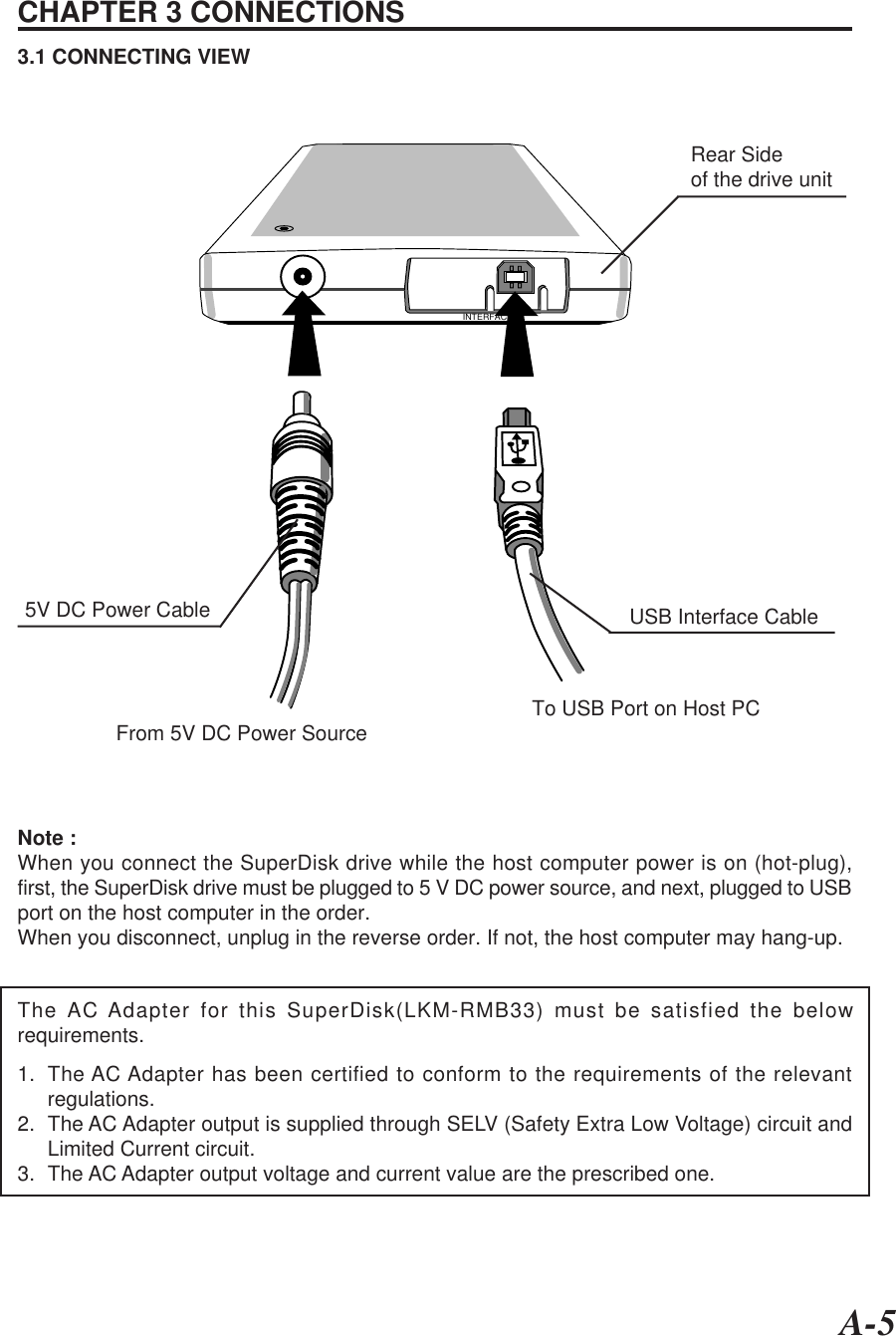 A-5CHAPTER 3 CONNECTIONS3.1 CONNECTING VIEWINTERFACEFrom 5V DC Power Source To USB Port on Host PC5V DC Power Cable USB Interface CableNote :When you connect the SuperDisk drive while the host computer power is on (hot-plug),first, the SuperDisk drive must be plugged to 5 V DC power source, and next, plugged to USBport on the host computer in the order.When you disconnect, unplug in the reverse order. If not, the host computer may hang-up.Rear Sideof the drive unitThe AC Adapter for this SuperDisk(LKM-RMB33) must be satisfied the belowrequirements.1. The AC Adapter has been certified to conform to the requirements of the relevantregulations.2. The AC Adapter output is supplied through SELV (Safety Extra Low Voltage) circuit andLimited Current circuit.3. The AC Adapter output voltage and current value are the prescribed one.
