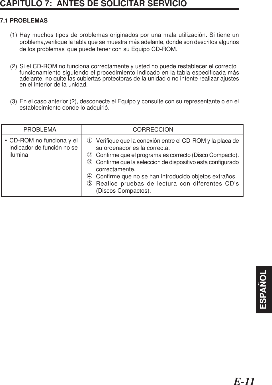 E-11ESPAÑOLCAPITULO 7:  ANTES DE SOLICITAR SERVICIO7.1 PROBLEMAS(1) Hay muchos tipos de problemas originados por una mala utilización. Si tiene unproblema,verifique la tabla que se muestra más adelante, donde son descritos algunosde los problemas que puede tener con su Equipo CD-ROM.(2) Si el CD-ROM no funciona correctamente y usted no puede restablecer el correctofuncionamiento siguiendo el procedimiento indicado en la tabla especificada másadelante, no quite las cubiertas protectoras de la unidad o no intente realizar ajustesen el interior de la unidad.(3) En el caso anterior (2), desconecte el Equipo y consulte con su representante o en elestablecimiento donde lo adquirió.PROBLEMA CORRECCION• CD-ROM no funciona y elindicador de función no seilumina➀Verifique que la conexión entre el CD-ROM y la placa desu ordenador es la correcta.➁Confirme que el programa es correcto (Disco Compacto).➂Confirme que la seleccion de dispositivo esta configuradocorrectamente.➃Confirme que no se han introducido objetos extraños.➄Realice pruebas de lectura con diferentes CD’s(Discos Compactos).