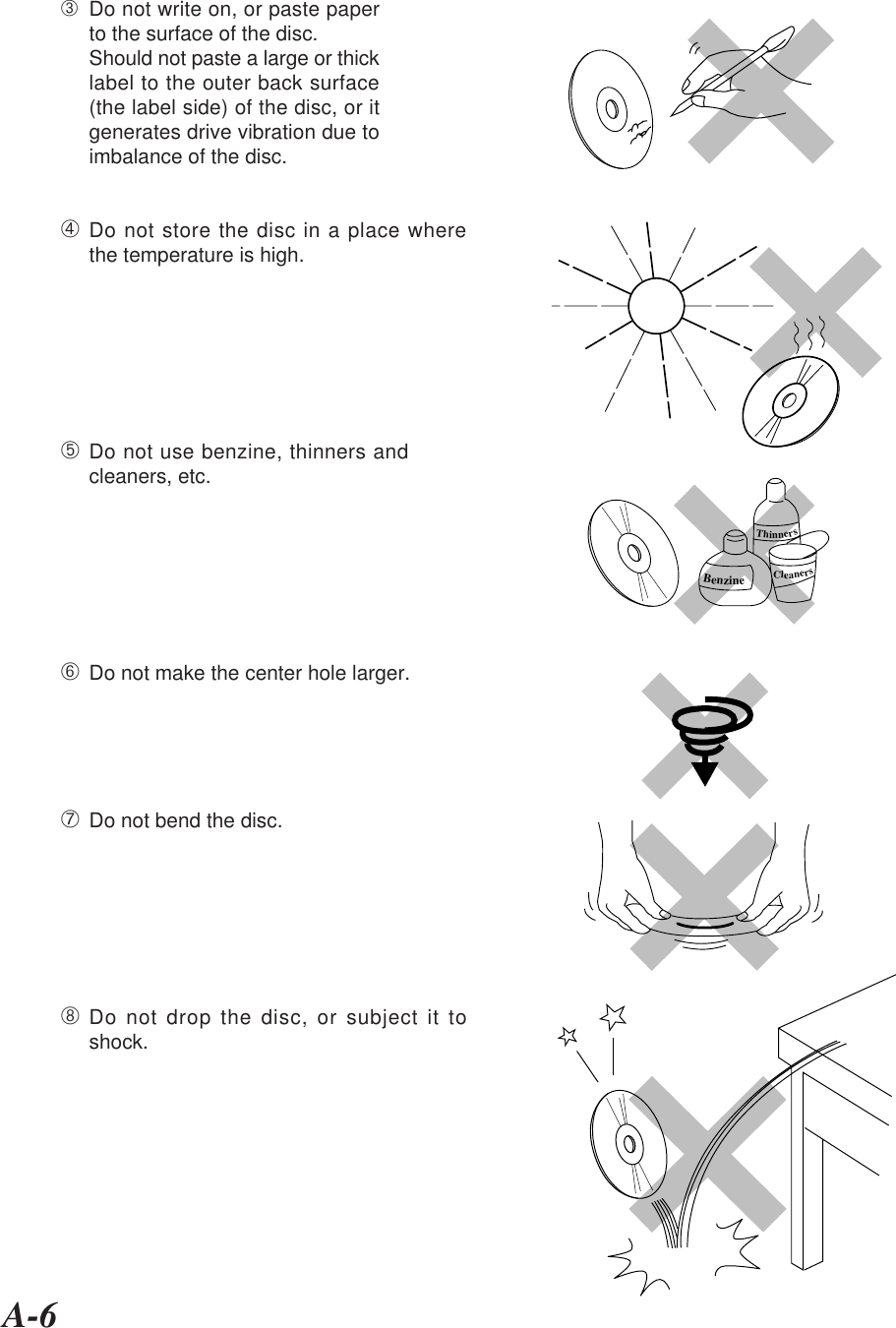 A-6➂Do not write on, or paste paperto the surface of the disc.Should not paste a large or thicklabel to the outer back surface(the label side) of the disc, or itgenerates drive vibration due toimbalance of the disc.➃Do not store the disc in a place wherethe temperature is high.➄Do not use benzine, thinners andcleaners, etc.➅Do not make the center hole larger.➆Do not bend the disc.➇Do not drop the disc, or subject it toshock.ThinnersCleanersBenzine