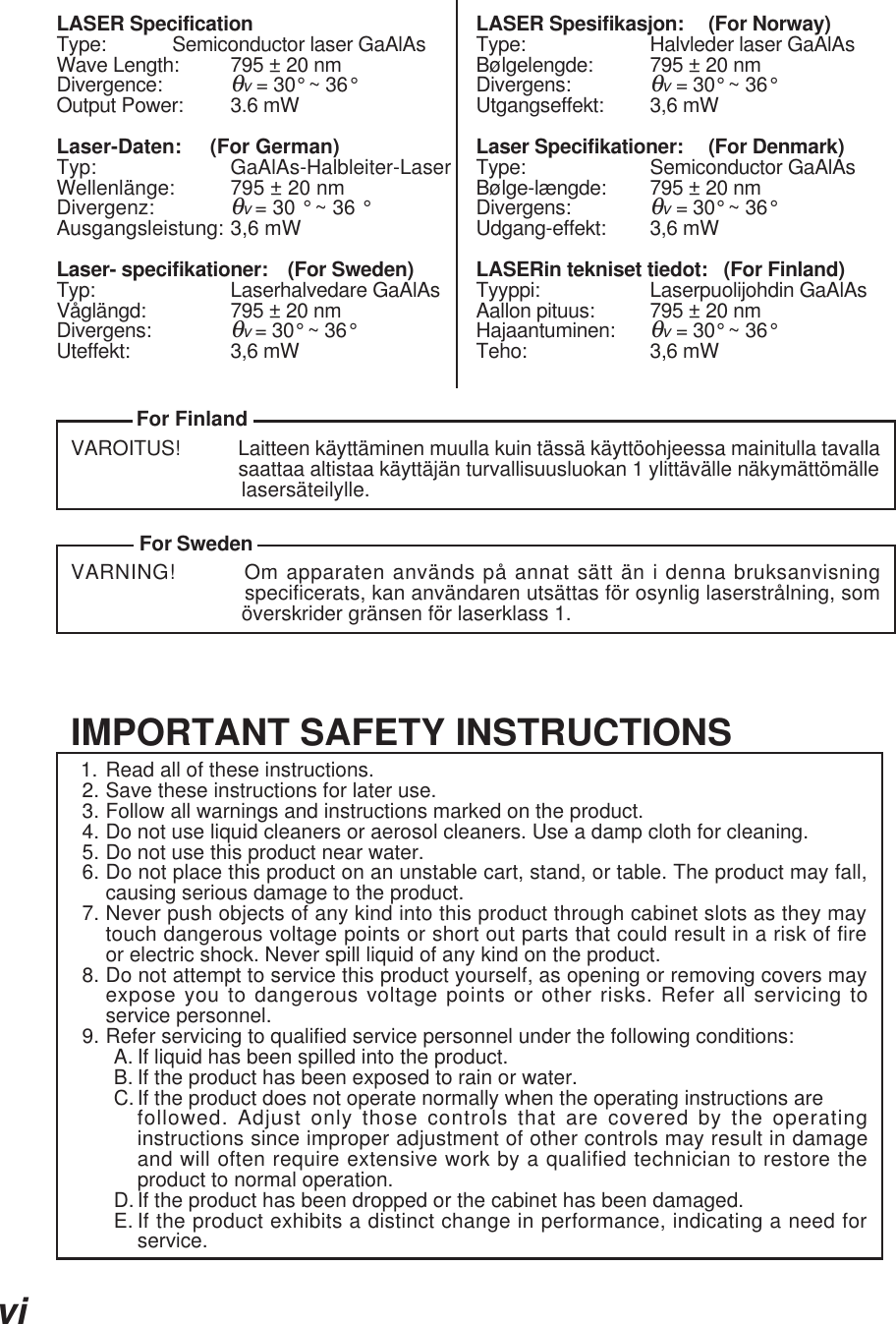 viIMPORTANT SAFETY INSTRUCTIONS  1. Read all of these instructions.  2. Save these instructions for later use.  3. Follow all warnings and instructions marked on the product.  4. Do not use liquid cleaners or aerosol cleaners. Use a damp cloth for cleaning.  5. Do not use this product near water.  6. Do not place this product on an unstable cart, stand, or table. The product may fall,causing serious damage to the product.  7. Never push objects of any kind into this product through cabinet slots as they maytouch dangerous voltage points or short out parts that could result in a risk of fireor electric shock. Never spill liquid of any kind on the product.  8. Do not attempt to service this product yourself, as opening or removing covers mayexpose you to dangerous voltage points or other risks. Refer all servicing toservice personnel.  9. Refer servicing to qualified service personnel under the following conditions:A. If liquid has been spilled into the product.B. If the product has been exposed to rain or water.C.If the product does not operate normally when the operating instructions arefollowed. Adjust only those controls that are covered by the operatinginstructions since improper adjustment of other controls may result in damageand will often require extensive work by a qualified technician to restore theproduct to normal operation.D.If the product has been dropped or the cabinet has been damaged.E. If the product exhibits a distinct change in performance, indicating a need forservice.LASER Spesifikasjon: (For Norway)Type: Halvleder laser GaAlAsBølgelengde: 795 ± 20 nmDivergens:θv = 30° ~ 36°Utgangseffekt: 3,6 mWLaser Specifikationer: (For Denmark)Type: Semiconductor GaAlAsBølge-længde: 795 ± 20 nmDivergens:θv = 30° ~ 36°Udgang-effekt: 3,6 mWLASERin tekniset tiedot:   (For Finland)Tyyppi: Laserpuolijohdin GaAlAsAallon pituus: 795 ± 20 nmHajaantuminen:θv = 30° ~ 36°Teho: 3,6 mWLASER SpecificationType: Semiconductor laser GaAlAsWave Length: 795 ± 20 nmDivergence:θv = 30° ~ 36°Output Power: 3.6 mWLaser-Daten:     (For German)Typ: GaAlAs-Halbleiter-LaserWellenlänge: 795 ± 20 nmDivergenz:θv = 30 ° ~ 36 °Ausgangsleistung: 3,6 mWLaser- specifikationer: (For Sweden)Typ: Laserhalvedare GaAlAsVåglängd: 795 ± 20 nmDivergens:θv = 30° ~ 36°Uteffekt: 3,6 mWVAROITUS!           Laitteen käyttäminen muulla kuin tässä käyttöohjeessa mainitulla tavalla                               saattaa altistaa käyttäjän turvallisuusluokan 1 ylittävälle näkymättömälle                              lasersäteilylle.VARNING!         Om apparaten används på annat sätt än i denna bruksanvisning                             specificerats, kan användaren utsättas för osynlig laserstrålning, som                              överskrider gränsen för laserklass 1.For FinlandFor Sweden