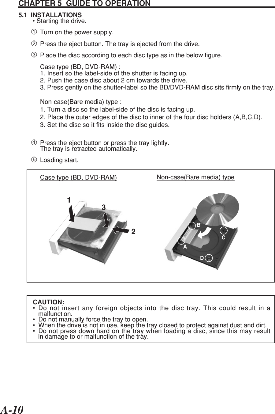 A-10CHAPTER 5  GUIDE TO OPERATION5.1  INSTALLATIONS        • Starting the drive.➀Turn on the power supply.➁Press the eject button. The tray is ejected from the drive.➂Place the disc according to each disc type as in the below figure.Case type (BD, DVD-RAM) :1. Insert so the label-side of the shutter is facing up.2. Push the case disc about 2 cm towards the drive.3. Press gently on the shutter-label so the BD/DVD-RAM disc sits firmly on the tray.Non-case(Bare media) type :1. Turn a disc so the label-side of the disc is facing up.2. Place the outer edges of the disc to inner of the four disc holders (A,B,C,D).3. Set the disc so it fits inside the disc guides.➃Press the eject button or press the tray lightly.The tray is retracted automatically.➄Loading start.Case type (BD, DVD-RAM) Non-case(Bare media) typeCAUTION:•Do not insert any foreign objects into the disc tray. This could result in amalfunction.•Do not manually force the tray to open.• When the drive is not in use, keep the tray closed to protect against dust and dirt.•Do not press down hard on the tray when loading a disc, since this may resultin damage to or malfunction of the tray.123ABCD