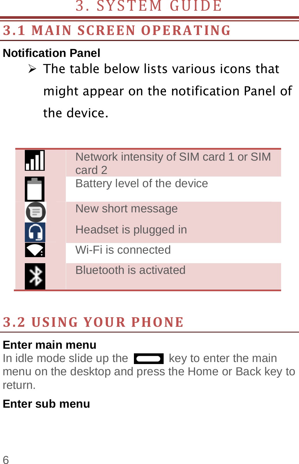  6 3.SYSTEMGUIDE3.1MAINSCREENOPERATINGNotification Panel  The table below lists various icons that might appear on the notification Panel of the device.   Network intensity of SIM card 1 or SIM card 2  Battery level of the device  New short message  Headset is plugged in  Wi-Fi is connected  Bluetooth is activated  3.2USINGYOURPHONEEnter main menu In idle mode slide up the              key to enter the main menu on the desktop and press the Home or Back key to return. Enter sub menu 