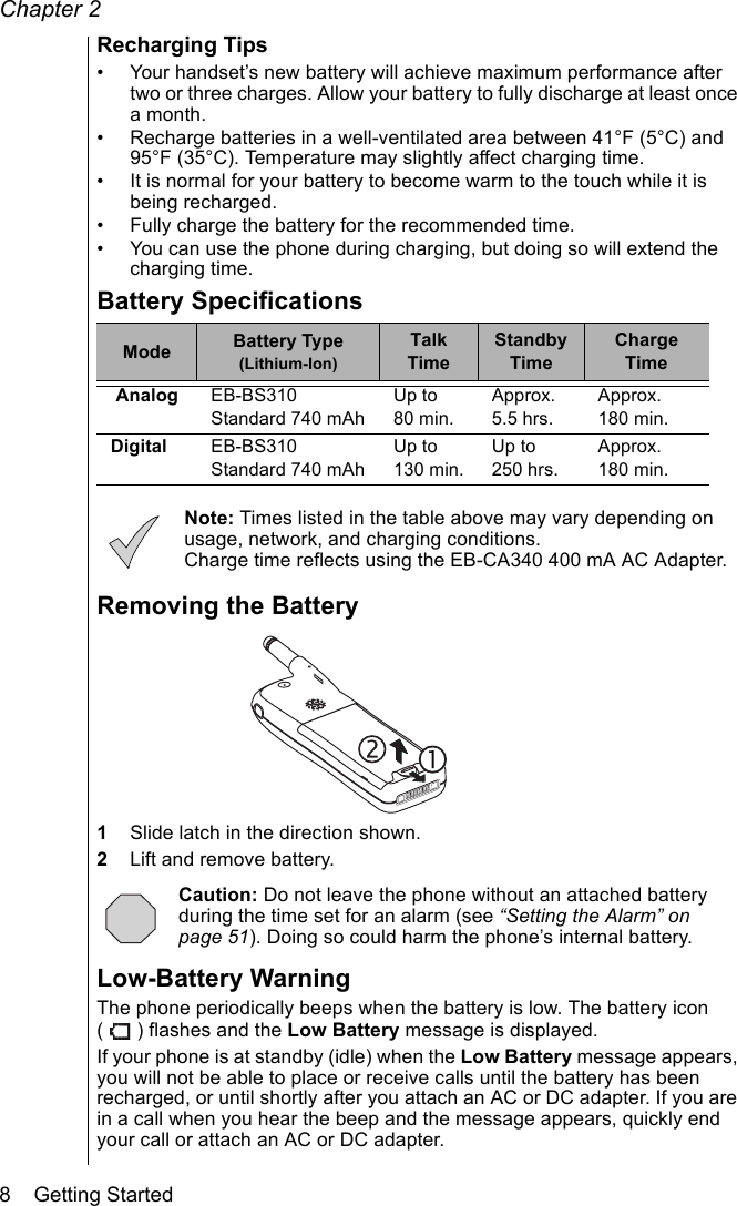 Chapter 28    Getting StartedRecharging Tips• Your handset’s new battery will achieve maximum performance after two or three charges. Allow your battery to fully discharge at least once a month.• Recharge batteries in a well-ventilated area between 41°F (5°C) and 95°F (35°C). Temperature may slightly affect charging time.• It is normal for your battery to become warm to the touch while it is being recharged.• Fully charge the battery for the recommended time.• You can use the phone during charging, but doing so will extend the charging time.Battery SpecificationsNote: Times listed in the table above may vary depending on usage, network, and charging conditions.Charge time reflects using the EB-CA340 400 mA AC Adapter.Removing the Battery1Slide latch in the direction shown.2Lift and remove battery.Caution: Do not leave the phone without an attached battery during the time set for an alarm (see “Setting the Alarm” on page 51). Doing so could harm the phone’s internal battery.Low-Battery WarningThe phone periodically beeps when the battery is low. The battery icon ( ) flashes and the Low Battery message is displayed. If your phone is at standby (idle) when the Low Battery message appears, you will not be able to place or receive calls until the battery has been recharged, or until shortly after you attach an AC or DC adapter. If you are in a call when you hear the beep and the message appears, quickly end your call or attach an AC or DC adapter.Mode Battery Type (Lithium-Ion)TalkTimeStandby TimeCharge Time Analog EB-BS310Standard 740 mAhUp to 80 min.Approx. 5.5 hrs.Approx. 180 min.Digital EB-BS310Standard 740 mAhUp to 130 min.Up to 250 hrs.Approx. 180 min.