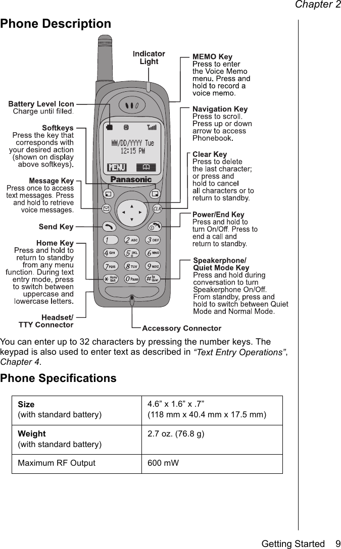 Chapter 2Getting Started    9Phone DescriptionYou can enter up to 32 characters by pressing the number keys. The keypad is also used to enter text as described in “Text Entry Operations”, Chapter 4.Phone SpecificationsSize (with standard battery)4.6” x 1.6” x .7” (118 mm x 40.4 mm x 17.5 mm)Weight(with standard battery)2.7 oz. (76.8 g)Maximum RF Output 600 mW