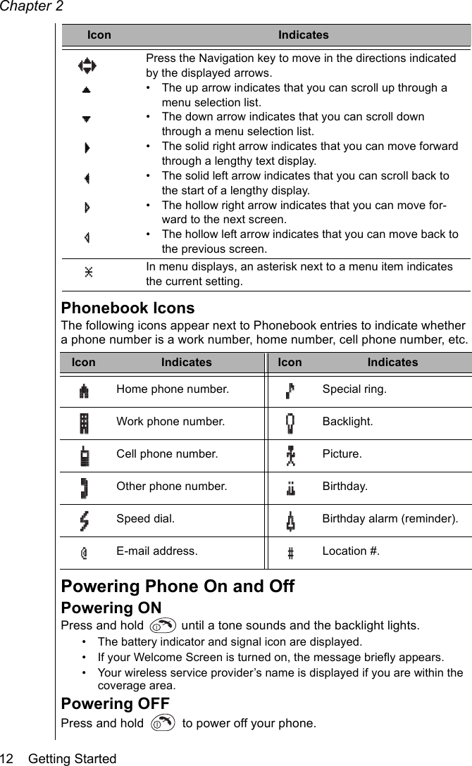 Chapter 212    Getting StartedPhonebook IconsThe following icons appear next to Phonebook entries to indicate whether a phone number is a work number, home number, cell phone number, etc.Powering Phone On and OffPowering ONPress and hold   until a tone sounds and the backlight lights.• The battery indicator and signal icon are displayed.• If your Welcome Screen is turned on, the message briefly appears.• Your wireless service provider’s name is displayed if you are within the coverage area.Powering OFFPress and hold   to power off your phone.Press the Navigation key to move in the directions indicated by the displayed arrows.• The up arrow indicates that you can scroll up through a menu selection list.• The down arrow indicates that you can scroll down through a menu selection list.• The solid right arrow indicates that you can move forward through a lengthy text display.• The solid left arrow indicates that you can scroll back to the start of a lengthy display. • The hollow right arrow indicates that you can move for-ward to the next screen.• The hollow left arrow indicates that you can move back to the previous screen.In menu displays, an asterisk next to a menu item indicates the current setting.Icon Indicates Icon IndicatesHome phone number. Special ring.Work phone number. Backlight.Cell phone number. Picture.Other phone number. Birthday.Speed dial. Birthday alarm (reminder).E-mail address. Location #. Icon Indicates