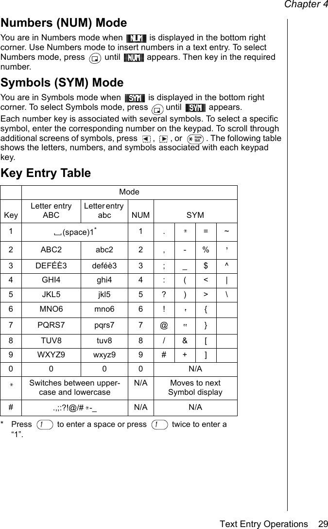 Chapter 4Text Entry Operations    29Numbers (NUM) ModeYou are in Numbers mode when   is displayed in the bottom right corner. Use Numbers mode to insert numbers in a text entry. To select Numbers mode, press   until   appears. Then key in the required number.Symbols (SYM) ModeYou are in Symbols mode when   is displayed in the bottom right corner. To select Symbols mode, press   until   appears. Each number key is associated with several symbols. To select a specific symbol, enter the corresponding number on the keypad. To scroll through additional screens of symbols, press  ,  , or  . The following table shows the letters, numbers, and symbols associated with each keypad key.Key Entry TableModeKeyLetter entry ABCLetter entry abc NUM SYM1(space)1** Press   to enter a space or press   twice to enter a “1”.1. =~2 ABC2 abc2 2 , - %3 DEFÉÈ3 deféè3 3 ; _ $ ^4 GHI4 ghi4 4 : ( &lt; |5JKL5 jkl55?)&gt;\6 MNO6 mno6 6 ! {7 PQRS7 pqrs7 7 @ }8TUV8 tuv88/&amp;[9 WXYZ9 wxyz9 9 # + ]00 00 N/ASwitches between upper-case and lowercaseN/A Moves to next Symbol display #.,;:?!@/# -_ N/A N/A