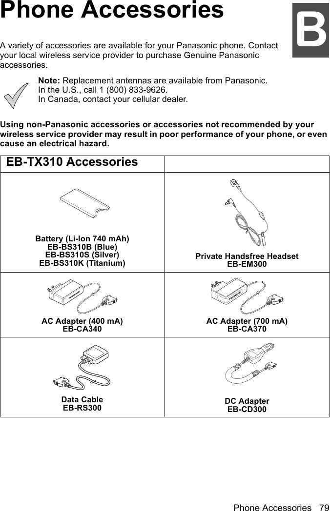 Phone Accessories 79BPhone AccessoriesBA variety of accessories are available for your Panasonic phone. Contact your local wireless service provider to purchase Genuine Panasonic accessories.Note: Replacement antennas are available from Panasonic. In the U.S., call 1 (800) 833-9626. In Canada, contact your cellular dealer.Using non-Panasonic accessories or accessories not recommended by your wireless service provider may result in poor performance of your phone, or even cause an electrical hazard.EB-TX310 AccessoriesBattery (Li-Ion 740 mAh)EB-BS310B (Blue)EB-BS310S (Silver)EB-BS310K (Titanium) Private Handsfree HeadsetEB-EM300AC Adapter (400 mA)EB-CA340AC Adapter (700 mA)EB-CA370Data CableEB-RS300 DC AdapterEB-CD300