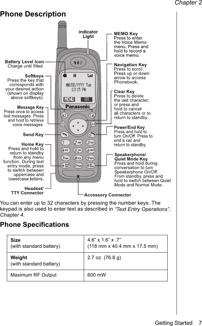 Chapter 2Getting Started    7Phone DescriptionYou can enter up to 32 characters by pressing the number keys. The keypad is also used to enter text as described in “Text Entry Operations”, Chapter 4.Phone SpecificationsSize (with standard battery)4.6” x 1.6” x .7” (118 mm x 40.4 mm x 17.5 mm)Weight(with standard battery)2.7 oz. (76.8 g)Maximum RF Output 600 mW