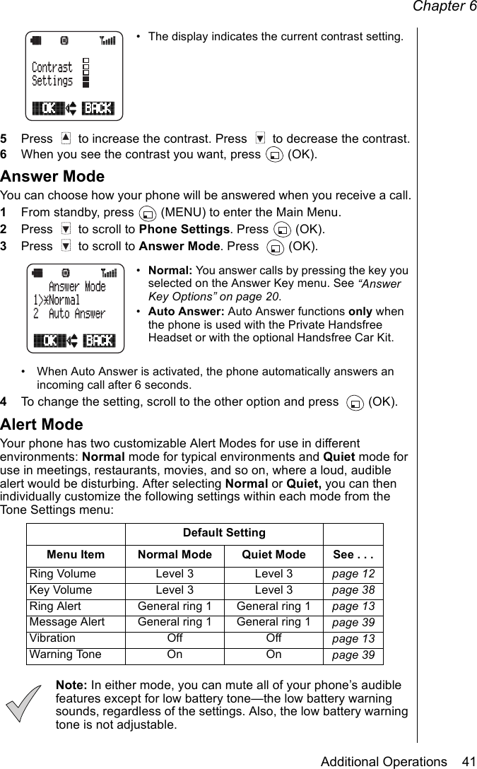 Chapter 6Additional Operations    41• The display indicates the current contrast setting.5Press   to increase the contrast. Press   to decrease the contrast.6When you see the contrast you want, press   (OK).Answer ModeYou can choose how your phone will be answered when you receive a call.1From standby, press   (MENU) to enter the Main Menu.2Press   to scroll to Phone Settings. Press   (OK).3Press   to scroll to Answer Mode. Press   (OK).•Normal: You answer calls by pressing the key you selected on the Answer Key menu. See “Answer Key Options” on page 20.•Auto Answer: Auto Answer functions only when the phone is used with the Private Handsfree Headset or with the optional Handsfree Car Kit. • When Auto Answer is activated, the phone automatically answers an incoming call after 6 seconds.4To change the setting, scroll to the other option and press  (OK).Alert ModeYour phone has two customizable Alert Modes for use in different environments: Normal mode for typical environments and Quiet mode for use in meetings, restaurants, movies, and so on, where a loud, audible alert would be disturbing. After selecting Normal or Quiet, you can then individually customize the following settings within each mode from the Tone Settings menu:Note: In either mode, you can mute all of your phone’s audible features except for low battery tone—the low battery warning sounds, regardless of the settings. Also, the low battery warning tone is not adjustable.Default SettingMenu Item Normal Mode Quiet Mode See . . .Ring Volume  Level 3 Level 3 page 12Key Volume  Level 3 Level 3 page 38Ring Alert  General ring 1 General ring 1 page 13Message Alert  General ring 1 General ring 1 page 39Vibration Off Off page 13Warning Tone  On On page 39