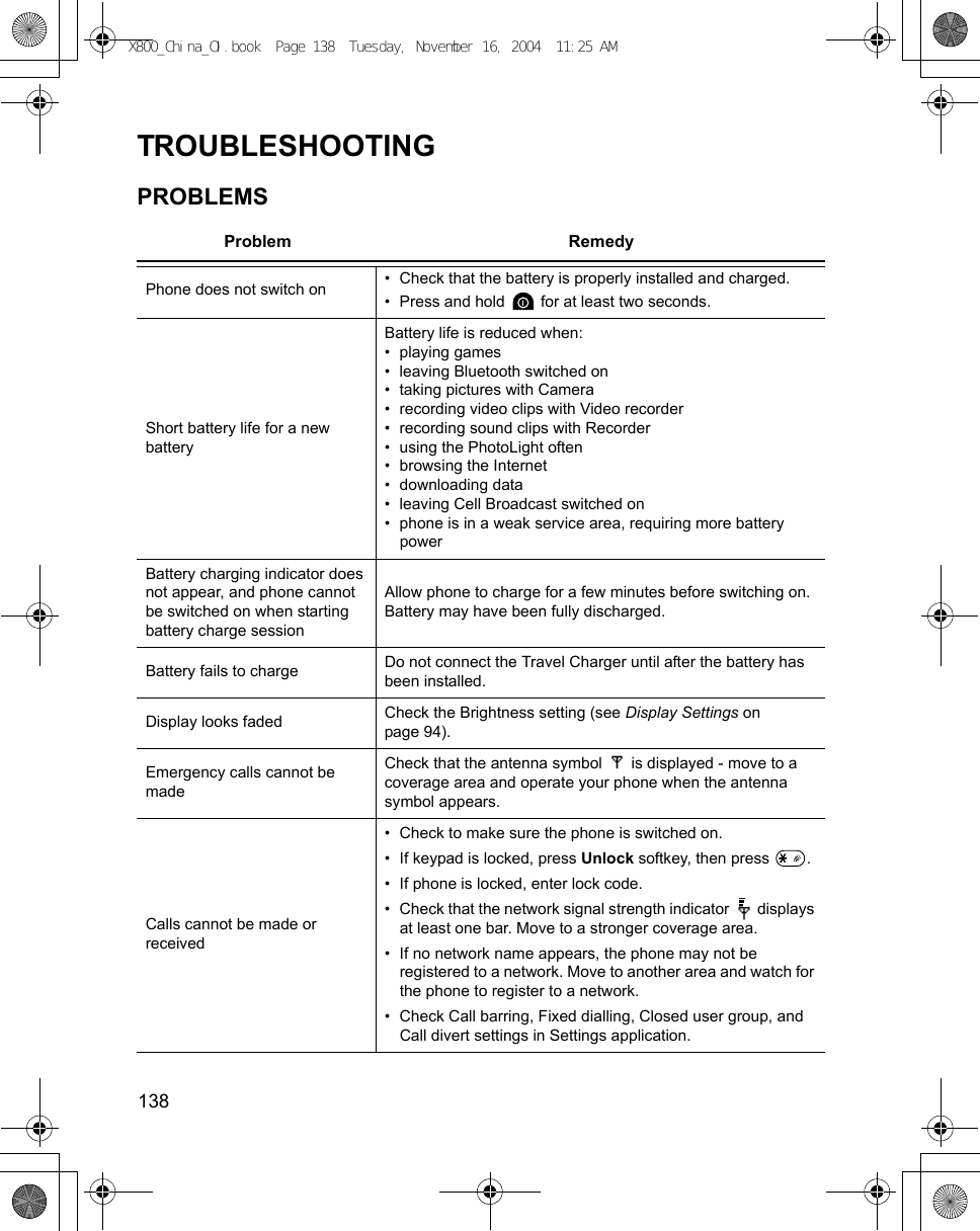 138      TROUBLESHOOTINGPROBLEMSProblem RemedyPhone does not switch on • Check that the battery is properly installed and charged.• Press and hold   for at least two seconds.Short battery life for a new batteryBattery life is reduced when:• playing games• leaving Bluetooth switched on• taking pictures with Camera• recording video clips with Video recorder• recording sound clips with Recorder• using the PhotoLight often• browsing the Internet• downloading data• leaving Cell Broadcast switched on• phone is in a weak service area, requiring more battery powerBattery charging indicator does not appear, and phone cannot be switched on when starting battery charge sessionAllow phone to charge for a few minutes before switching on. Battery may have been fully discharged.Battery fails to charge Do not connect the Travel Charger until after the battery has been installed.Display looks faded Check the Brightness setting (see Display Settings on page 94).Emergency calls cannot be madeCheck that the antenna symbol   is displayed - move to a coverage area and operate your phone when the antenna symbol appears. Calls cannot be made or received• Check to make sure the phone is switched on.• If keypad is locked, press Unlock softkey, then press  .• If phone is locked, enter lock code.• Check that the network signal strength indicator   displays at least one bar. Move to a stronger coverage area.• If no network name appears, the phone may not be registered to a network. Move to another area and watch for the phone to register to a network.• Check Call barring, Fixed dialling, Closed user group, and Call divert settings in Settings application.X800_China_OI.book  Page 138  Tuesday, November 16, 2004  11:25 AM